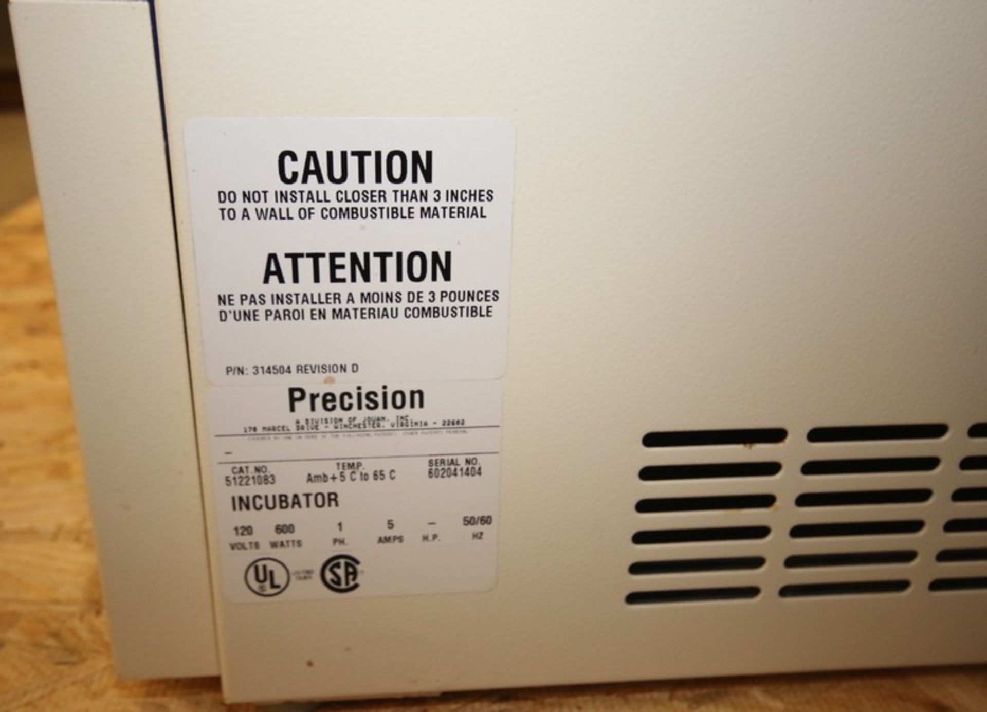Precision Incubator, Ca # 51221083, SN 602041404, 120V (INV#66948) (Located @ the MDG Auction - Image 8 of 8