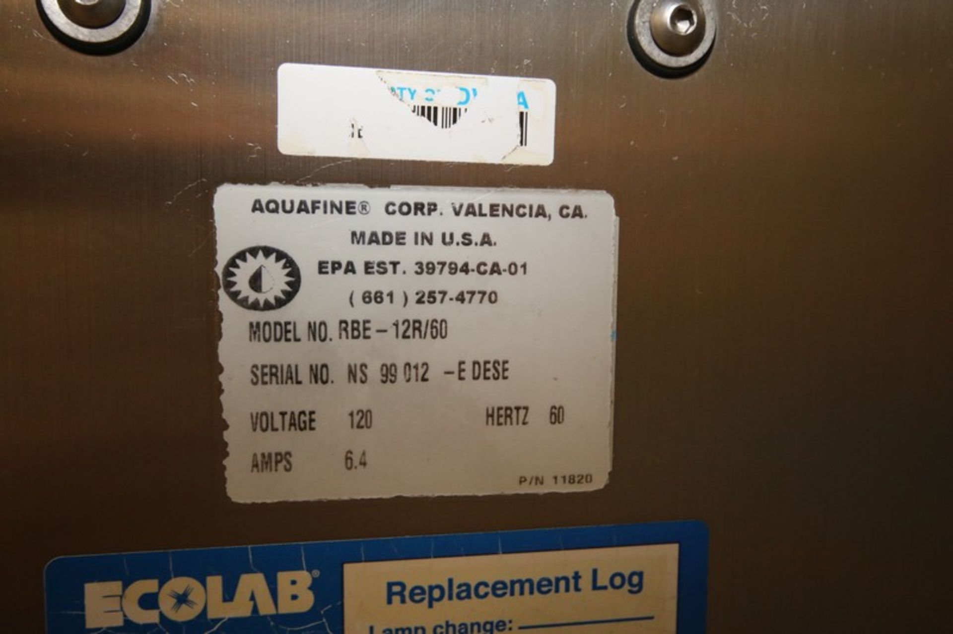 Aquafine S/S UV System, Model RBE - 12R/60, SN NS 99 012-EDESE, 120V,4" Flanged Connectors, with - Image 9 of 9
