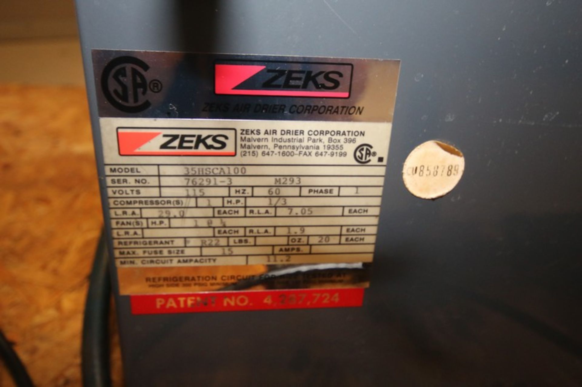 Zeks Refrigerated Air Dryer, Model 35HSCA100, SN 76291-3, r22, 115V, with Zeks Ez Drain & Filter ( - Image 3 of 3