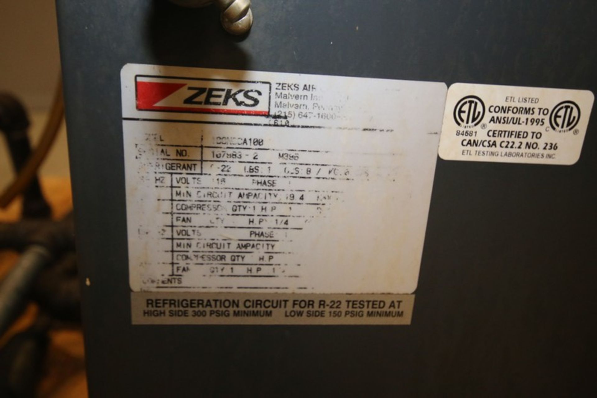 Zeks Refrigerated Air Dryer, Model 100NCCA100, SN 107983-2, R22, 115V (INV#95370)(Located @ the - Image 3 of 3