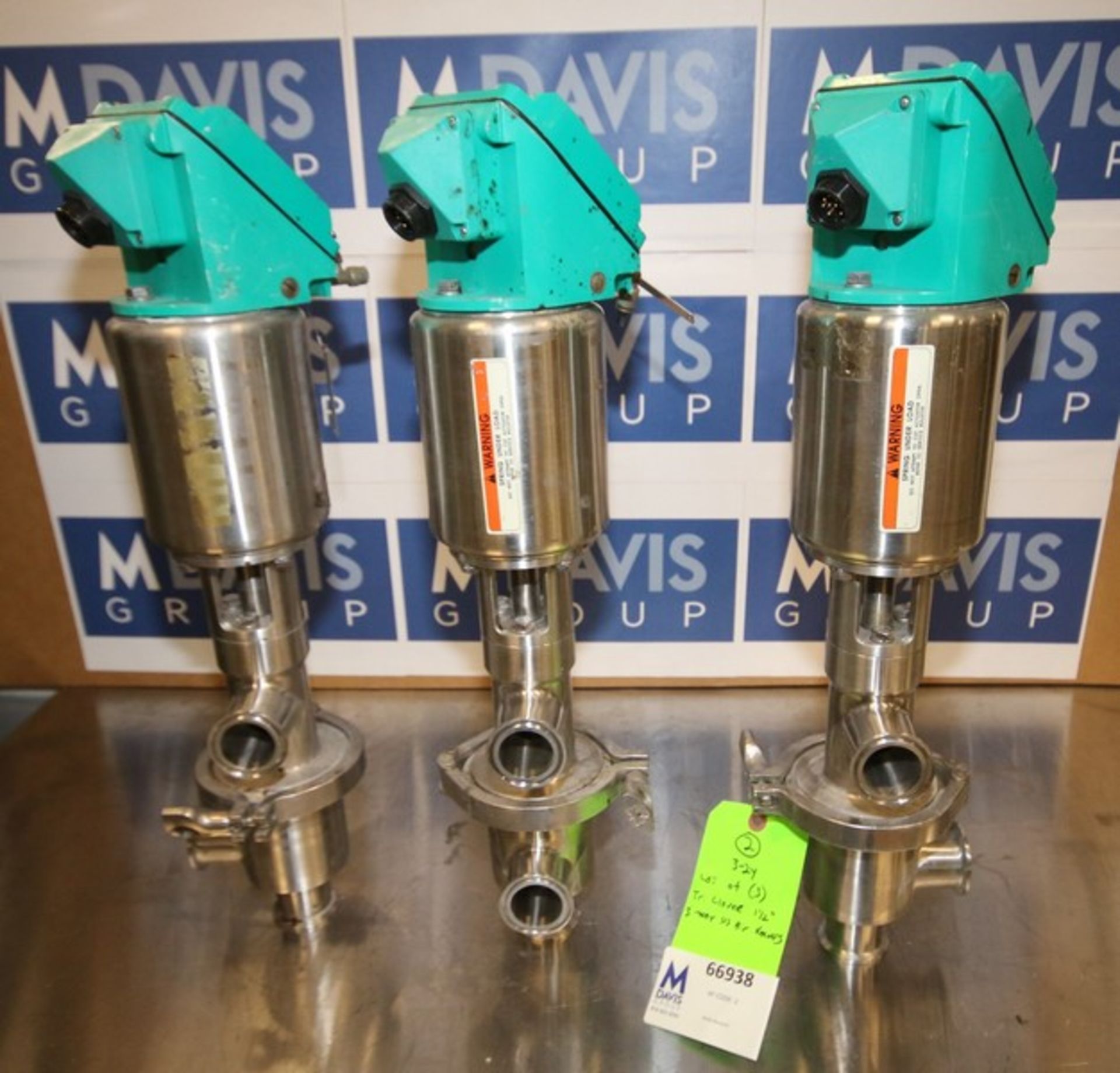 Lot of (3) Tri Clover 1.5" 3-Way Long Stem S/S Air Valves, Model 761TR-21M-19S-1 1/2-316L-38-5, SN