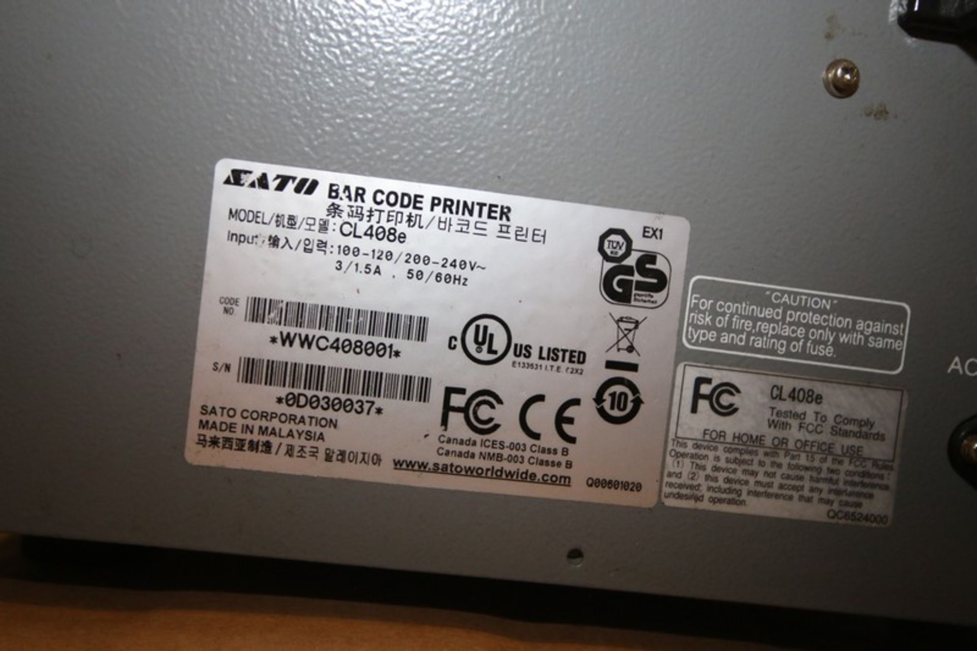 Sato Bar Code Label Printer, Model CL408E, SN 0D030037, 110V (INV#99125) (Located @ the MDG - Image 2 of 2