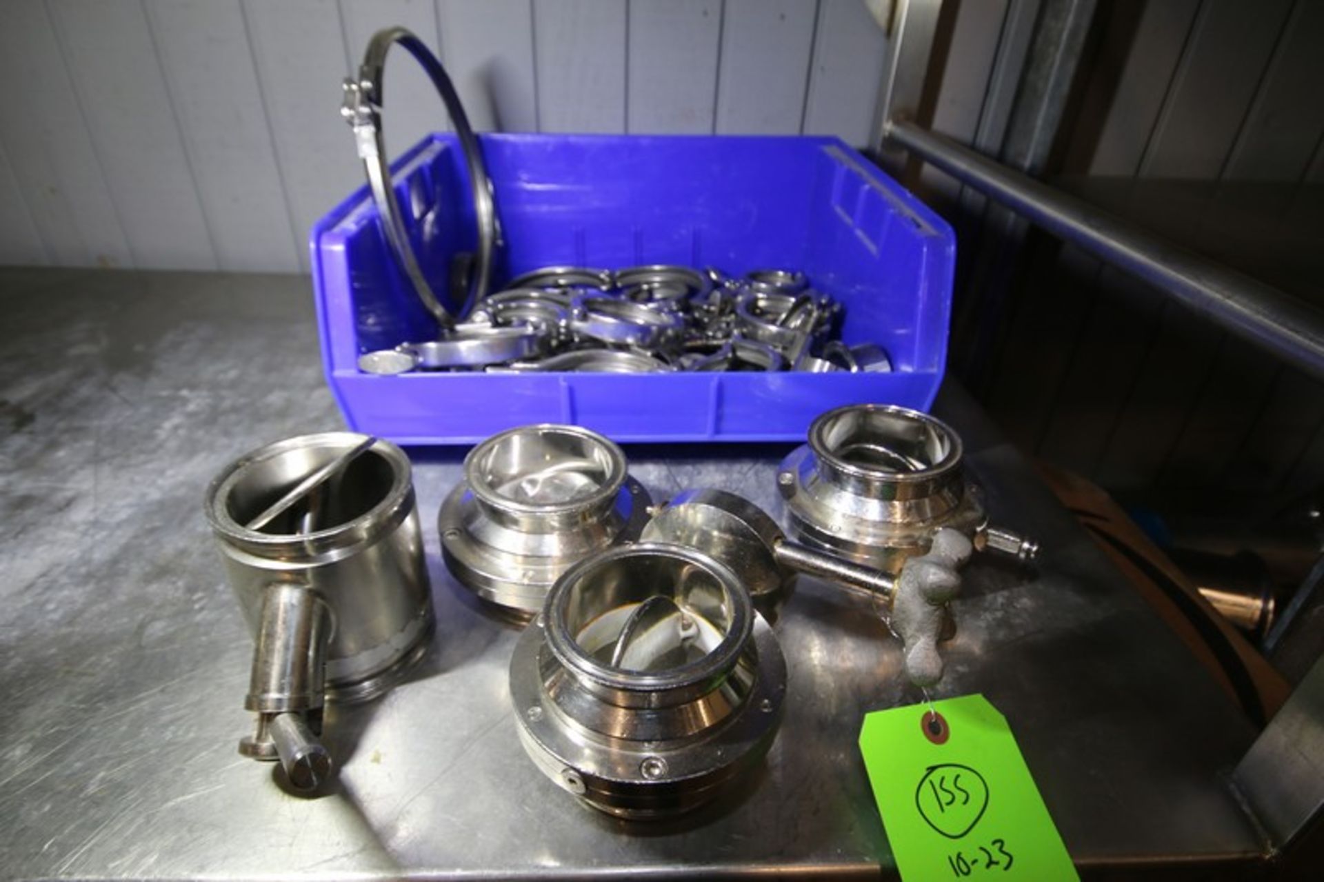Lot of Assorted S/S Valves & Clamps Including (4) 3" Butterfly Valves & Box of 1" to 4" Assorted S/S