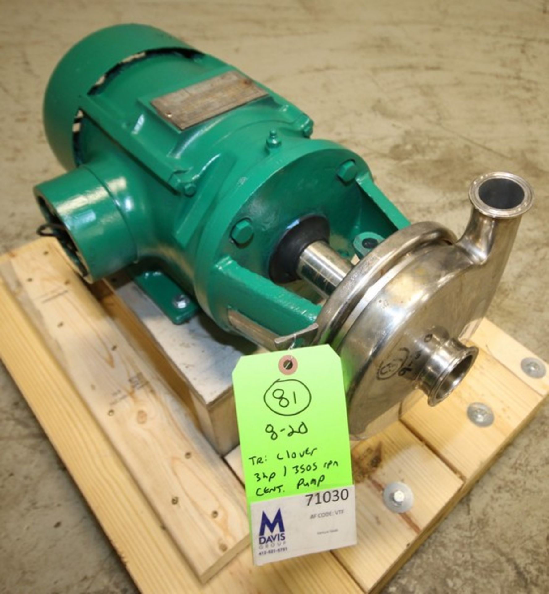 Tri-Clover 3 hp Centrifugal Pump, M/N C218MF18T-S, S/N K6632, with Aprox. 2" x 1-1/2" Clamp Type - Image 2 of 6