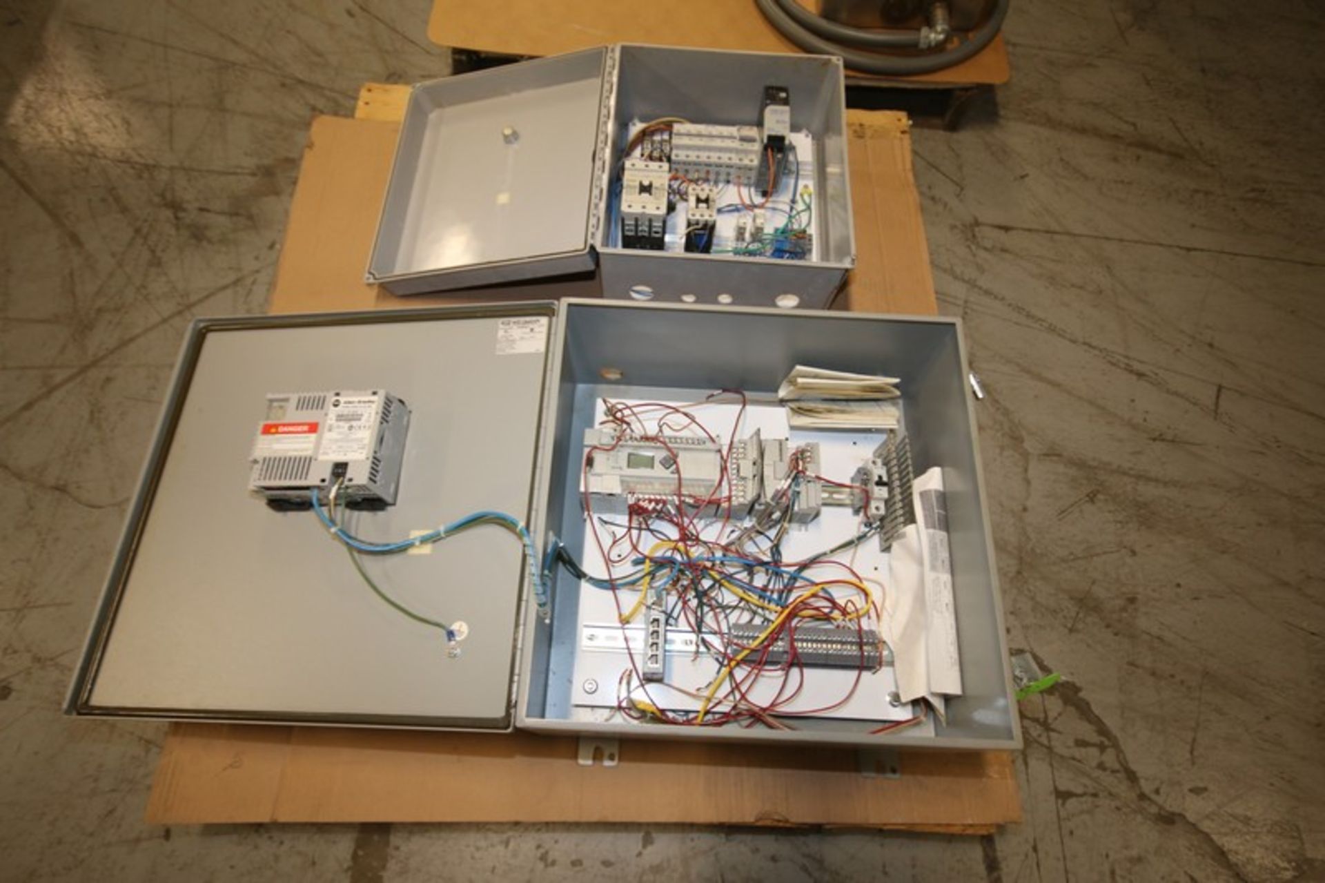 (2) Small Control Panels, (2) with Allen Bradley Micro Logix 1400 PLC Controller with Panelview Plus