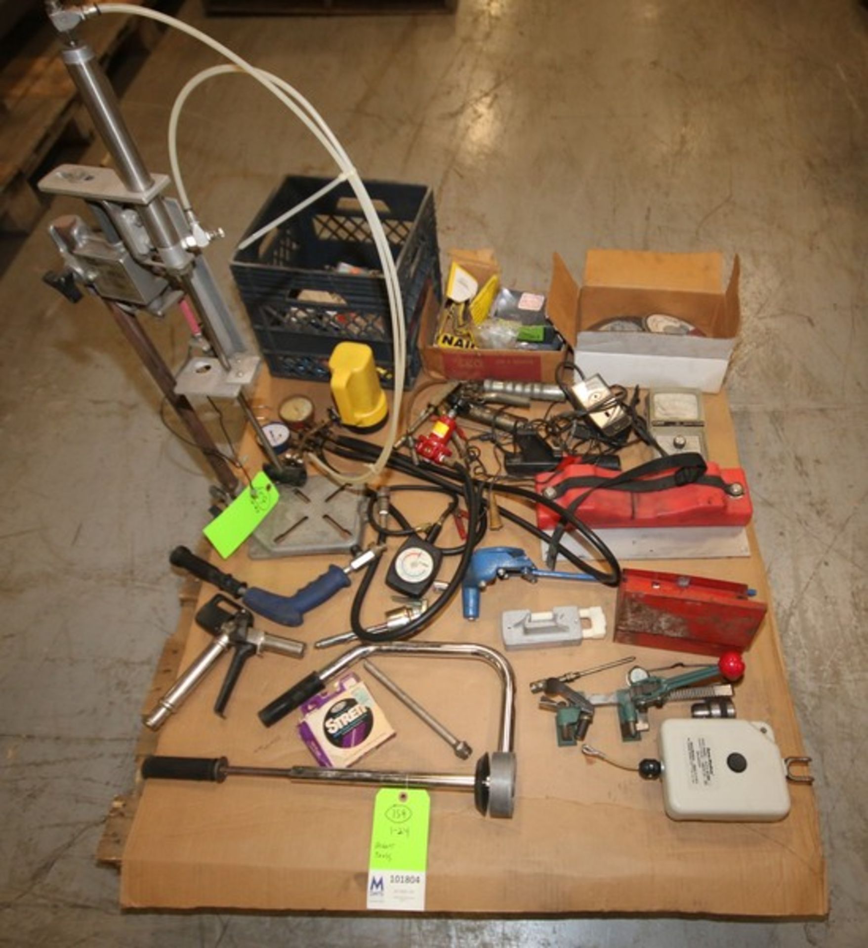 Pallet of Assorted Tools Including Alligator Belt Cutter, Lutz Barrel Nozzle, Aero-Motive
