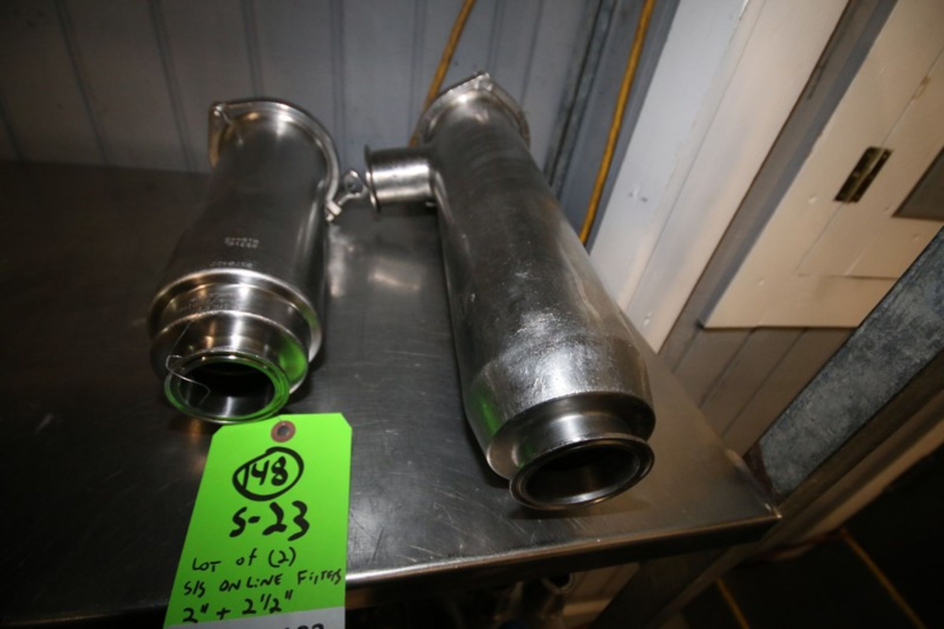 Lot of (2) 2" & 2.5" S/S On-Line Filters, 16" & 18" L. Clamp Type (INV#99183) (Located @ the MDG