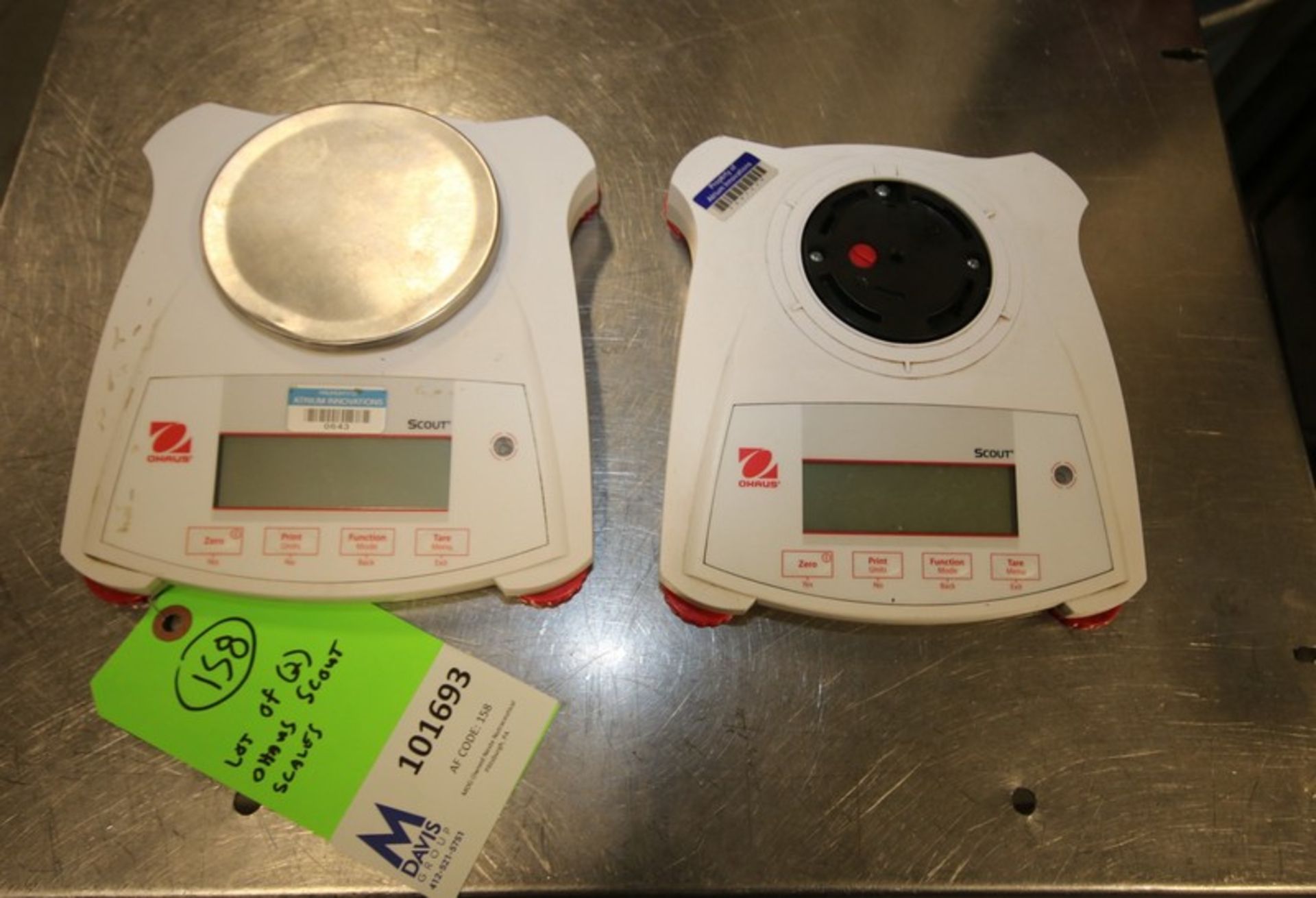 Lot of (2) Ohaus Scout 220 Gram Portable Scales Model SPX222, S/N C106134799 & B6225353890 (Note: (