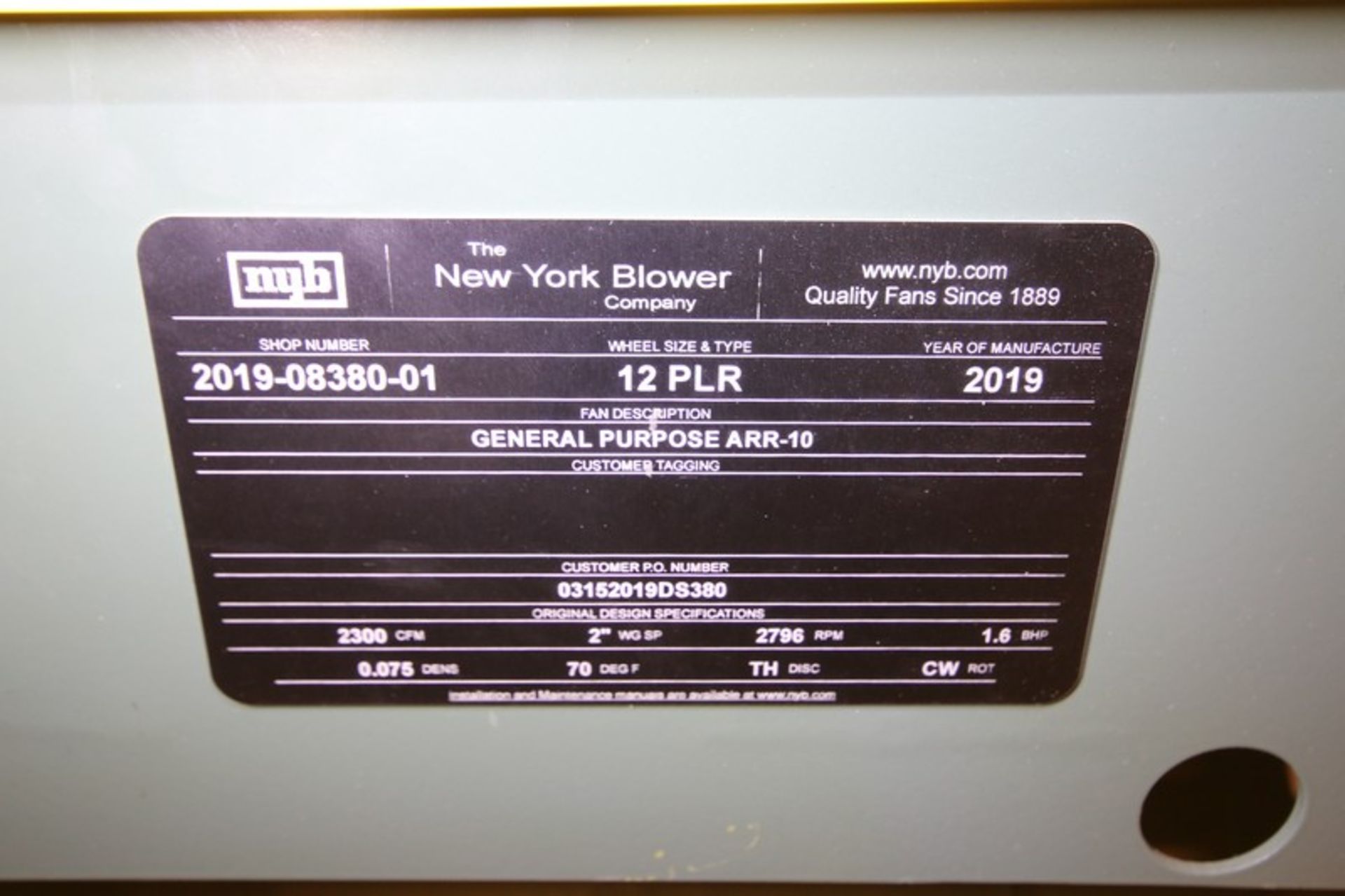 New NYB Blower, Type 12 PLR, Shop #2019-08380-01, Connection Size - 9" W x 14" H, 2300 cfm (INV# - Image 5 of 5