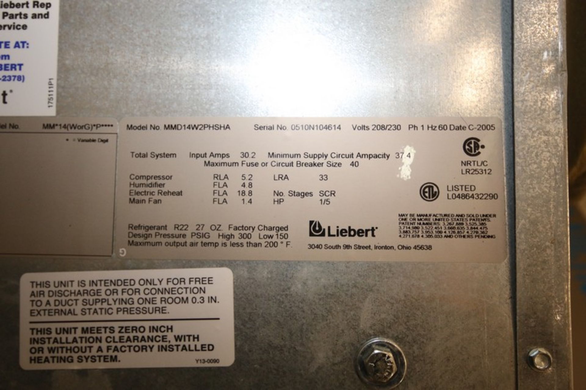 Lilebert Ceiling Mount Cooling Unit, Model MMD14W2PH5HA, SN 0510N104614, 208/230V with Condensate - Image 6 of 6