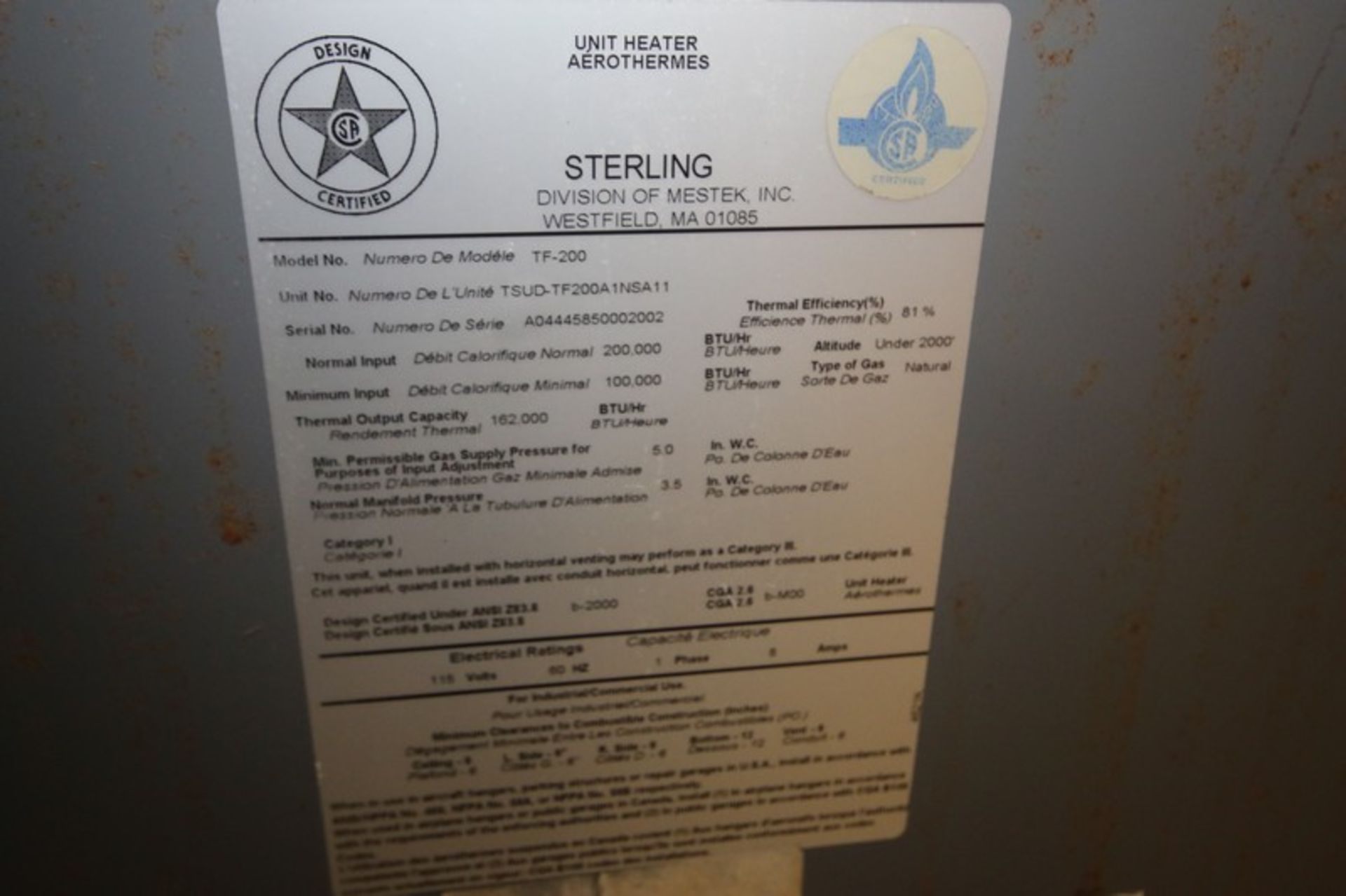Lot of (2) Sterling Ceiling Mount Natural Gas Heaters, TF-200, 115V (INV#96723) (Located @ the MDG - Image 3 of 3