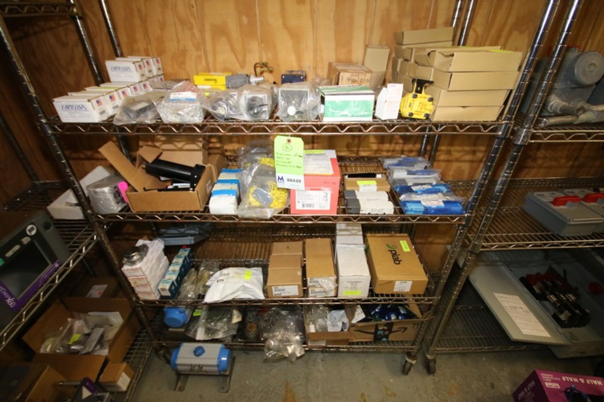 Assortment of Machine Parts on (4) Shelves Including Pneumatic Parts by Numatics, SMC, SMC, CKD