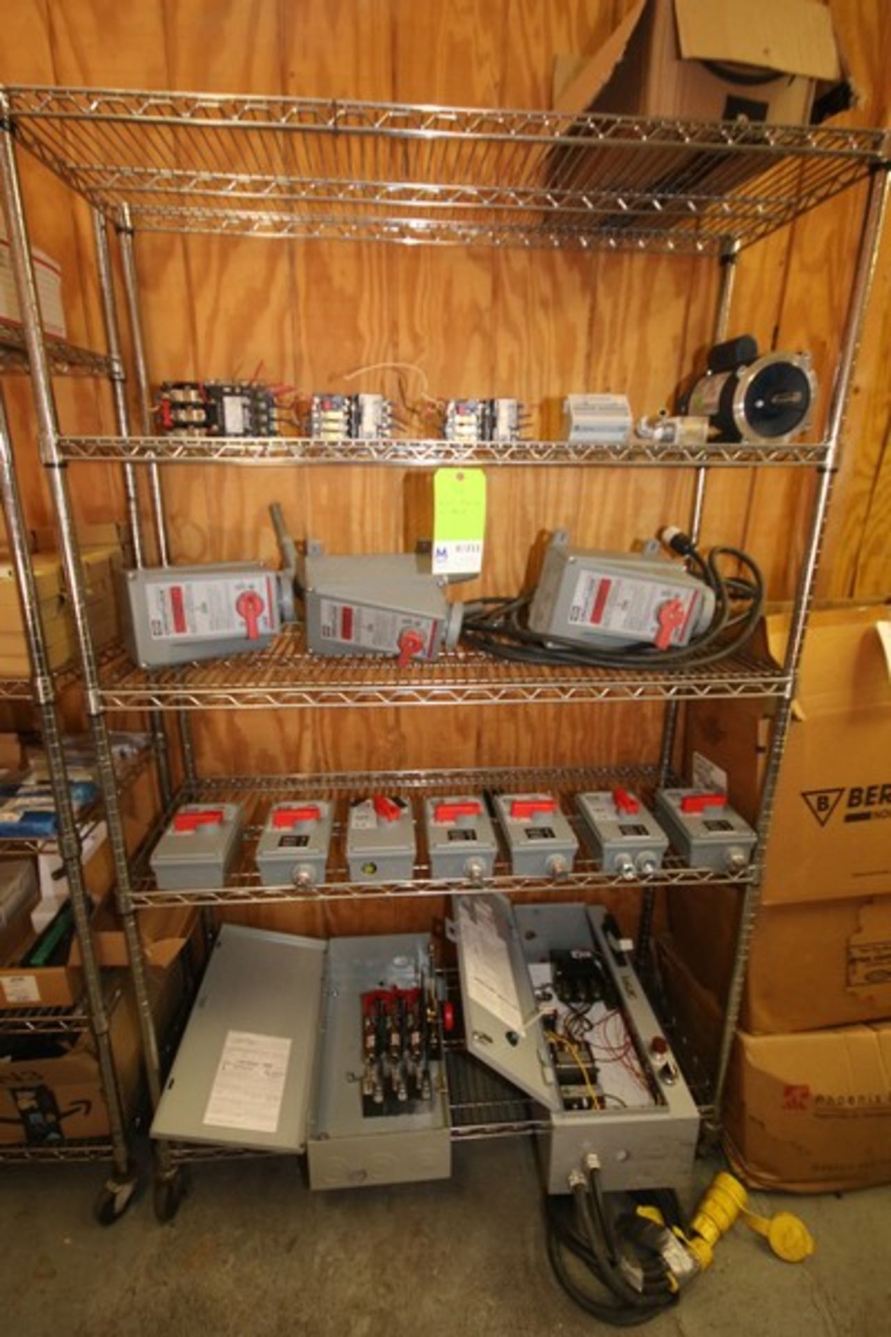 Assortment of Electrical on Rack Includes Starter Control Box with Siemens 3/5 hp Starter Cat. No.