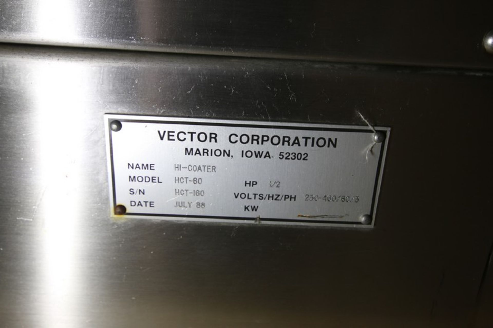Vector Freund S/S Hi Coater, Model HCT-60, SN HCT-160, 20V with S/S Control Panel (INV#101609) ( - Image 9 of 11