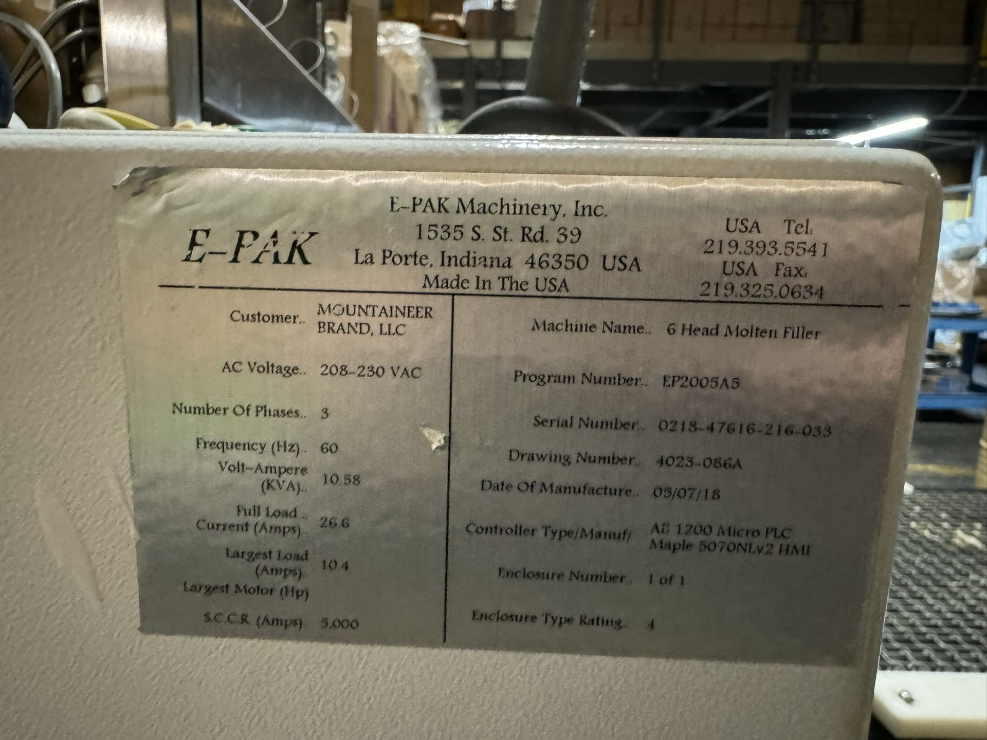 2018 E-PAK 6-Head Molten Filler, S/N 0218-47616-216-033, 208 Volts, 3 Phase, with Control Panel, - Image 6 of 11