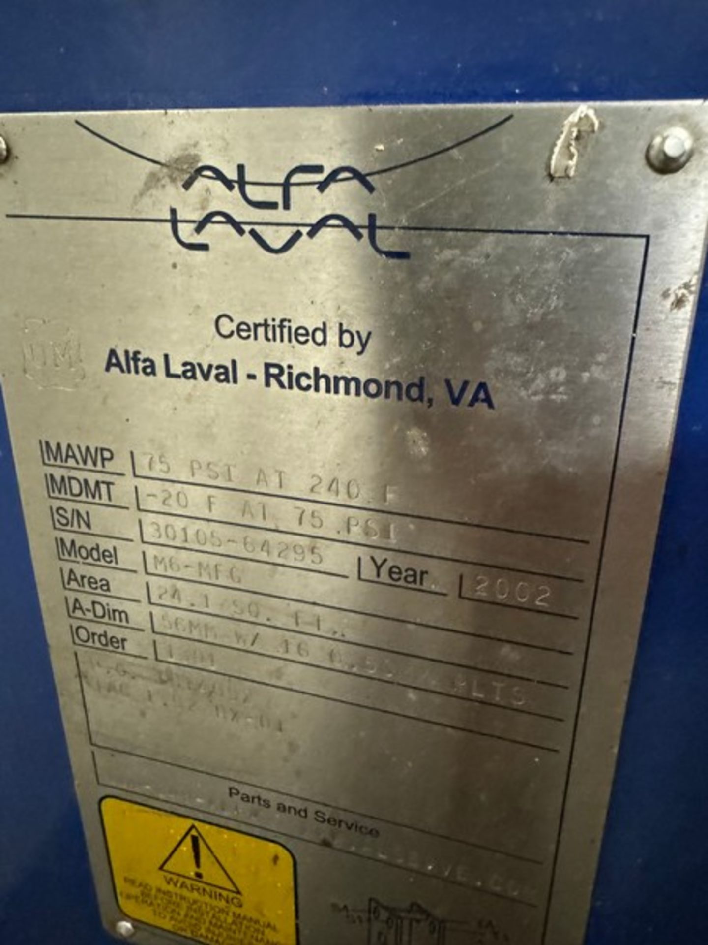 Alpha-Laval Plate Heat Exchanger, MAWP 75 PSI @ 240 F, MDMT -20 F @ 75 PSI, M/N M6-MFG, S/N 30105- - Image 3 of 3