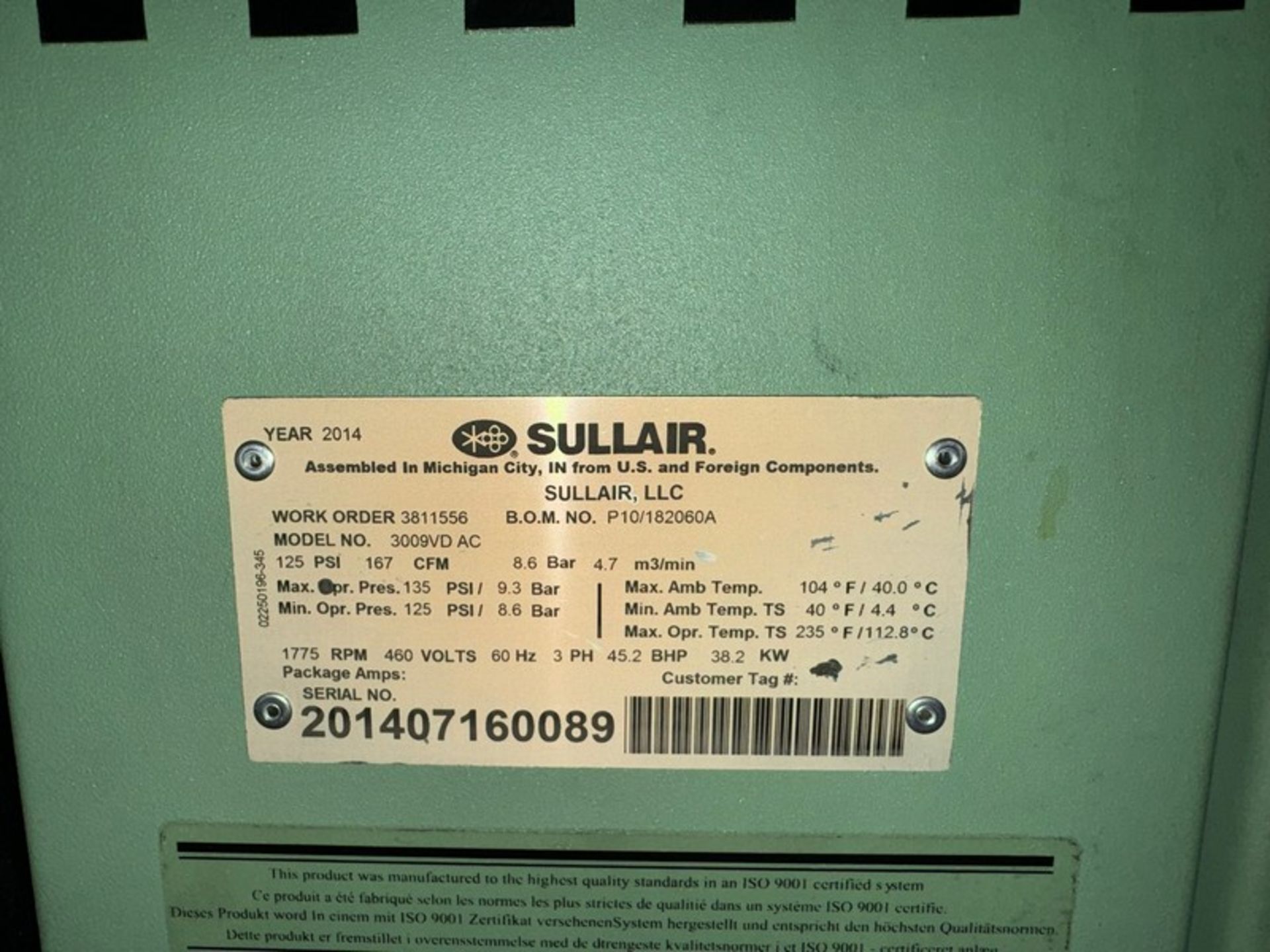 2014 Sullair Air Compressor, M/N 3009VD AC, S/N 201407160089, 125 PSI 167 CFM, with Integral Dryer - Image 6 of 6
