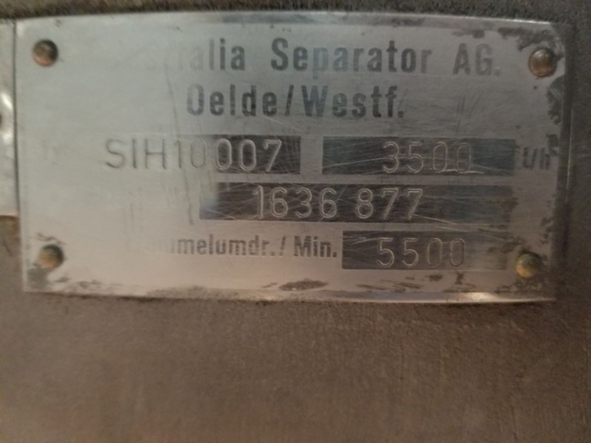 Westfalia Separator; Model: SIH 10007; Serial: 1636877; Capacity 3500 l/h (Loading Fee $1,500) ( - Bild 3 aus 3