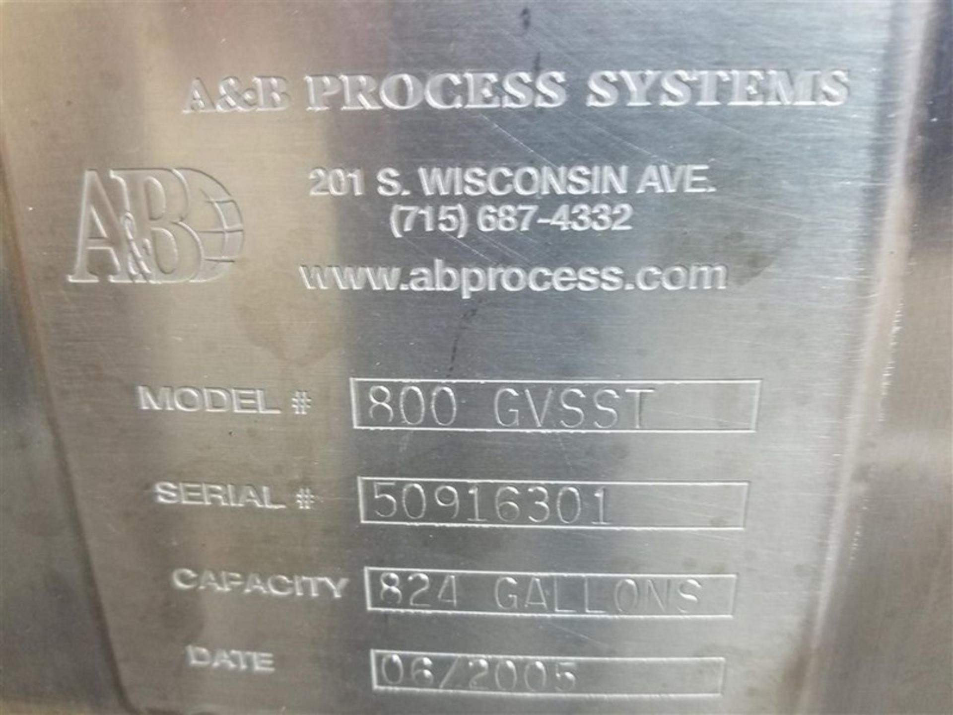 A & B 824 Gal. S/S Process Tank Model 800 GVSST, S/N 50916301, Enclossed, Aprox. 60 x 72, Year - Image 8 of 8