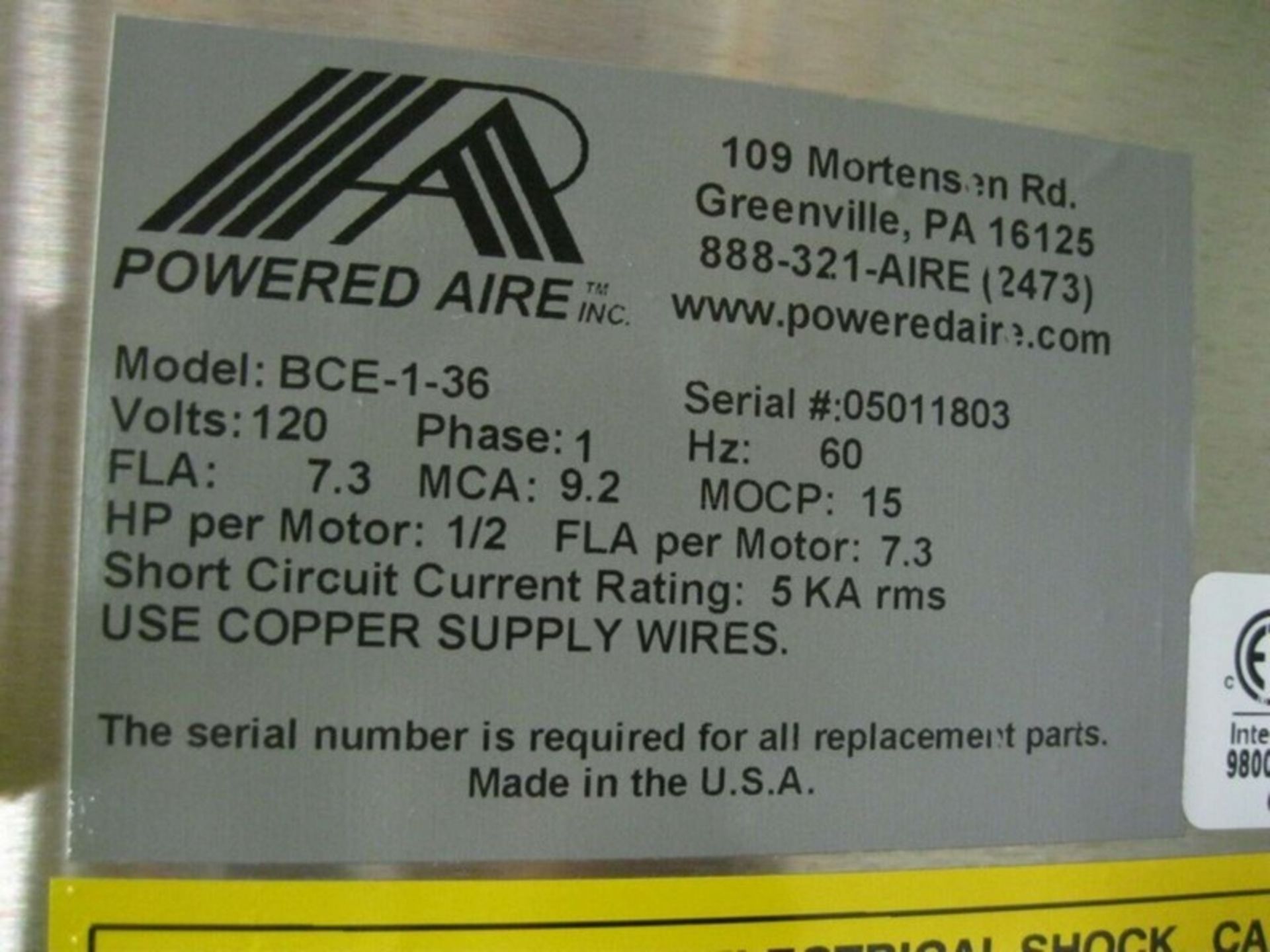 Aire Inc. 36" Powered Air Curtain Insect Control, Model BCE-1-36, 120 V, New, Still in Crate, - Bild 3 aus 3