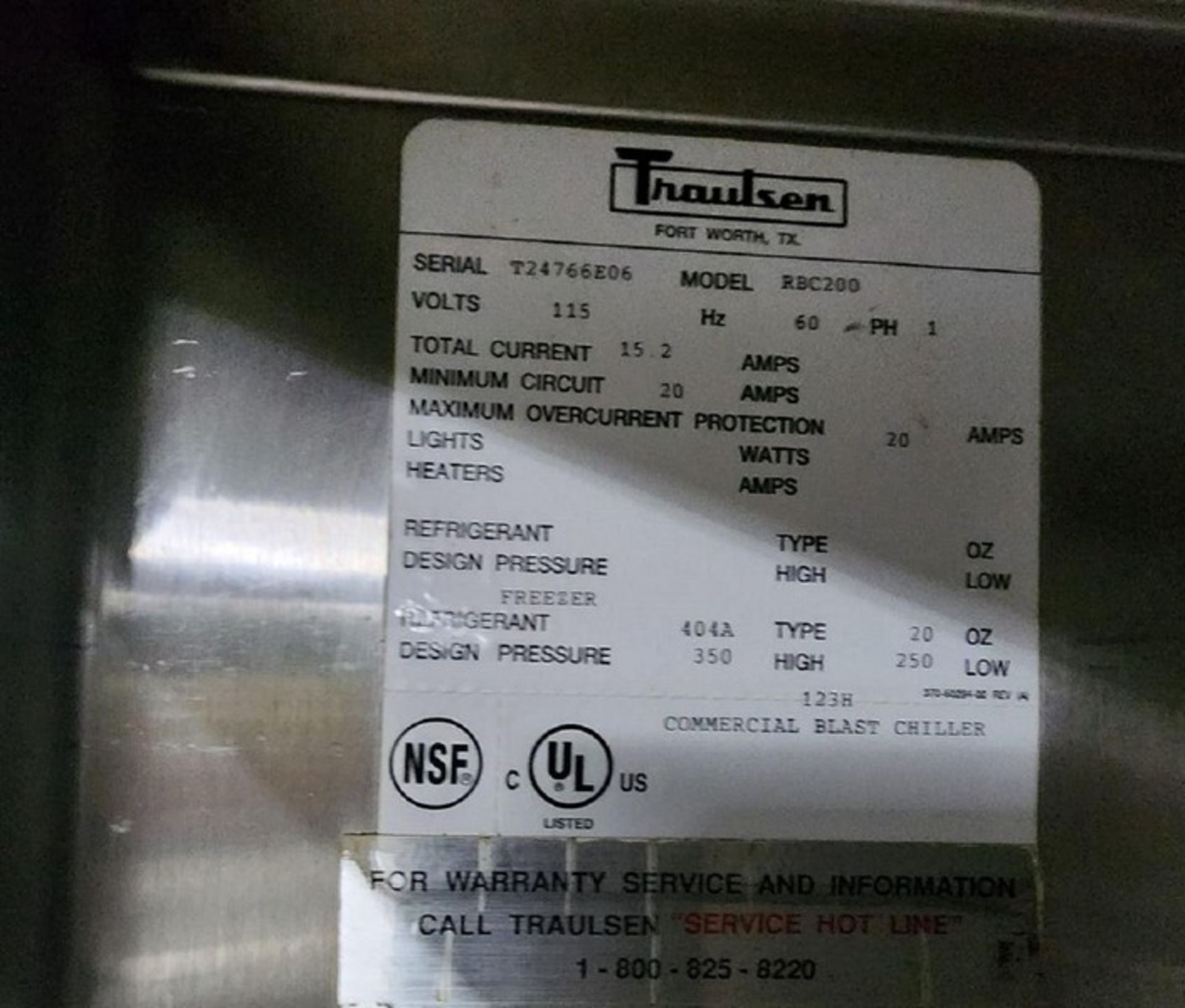 Traulsen Cabinet Blast Chiller Cabinet Freezer Traulsen Chiler Serial number T24766E06, Model Number - Image 8 of 8