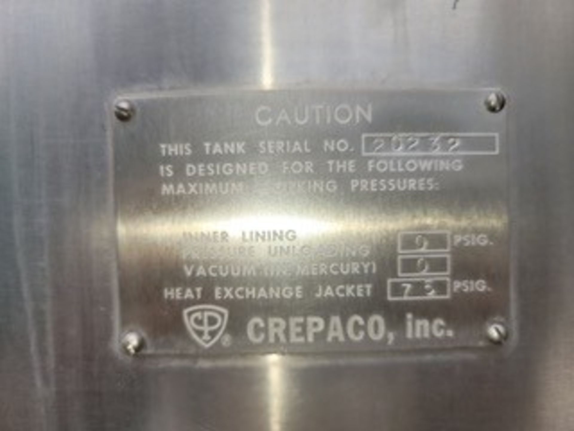 APV Crepaco 1000 Gallon Processing Mixing Tank, S/N 20232 with Cone Bottom Scrape Surface S/S Mixing - Image 2 of 4