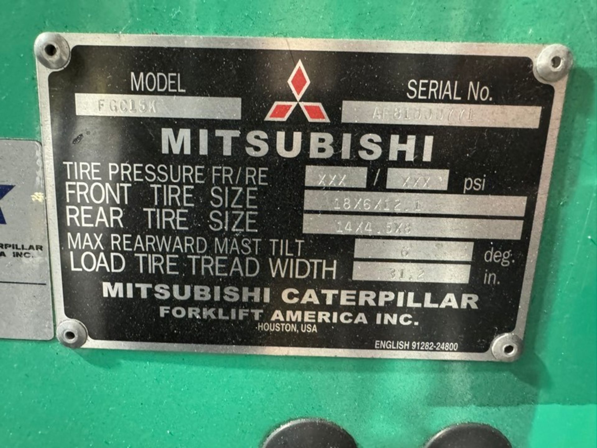 Mitsubishi 2,000 lb. Sit-Down Propane Forklift, M/N FGC15K, S/N AF81D00771, with 3 Stage Mast, 9,658 - Image 9 of 10