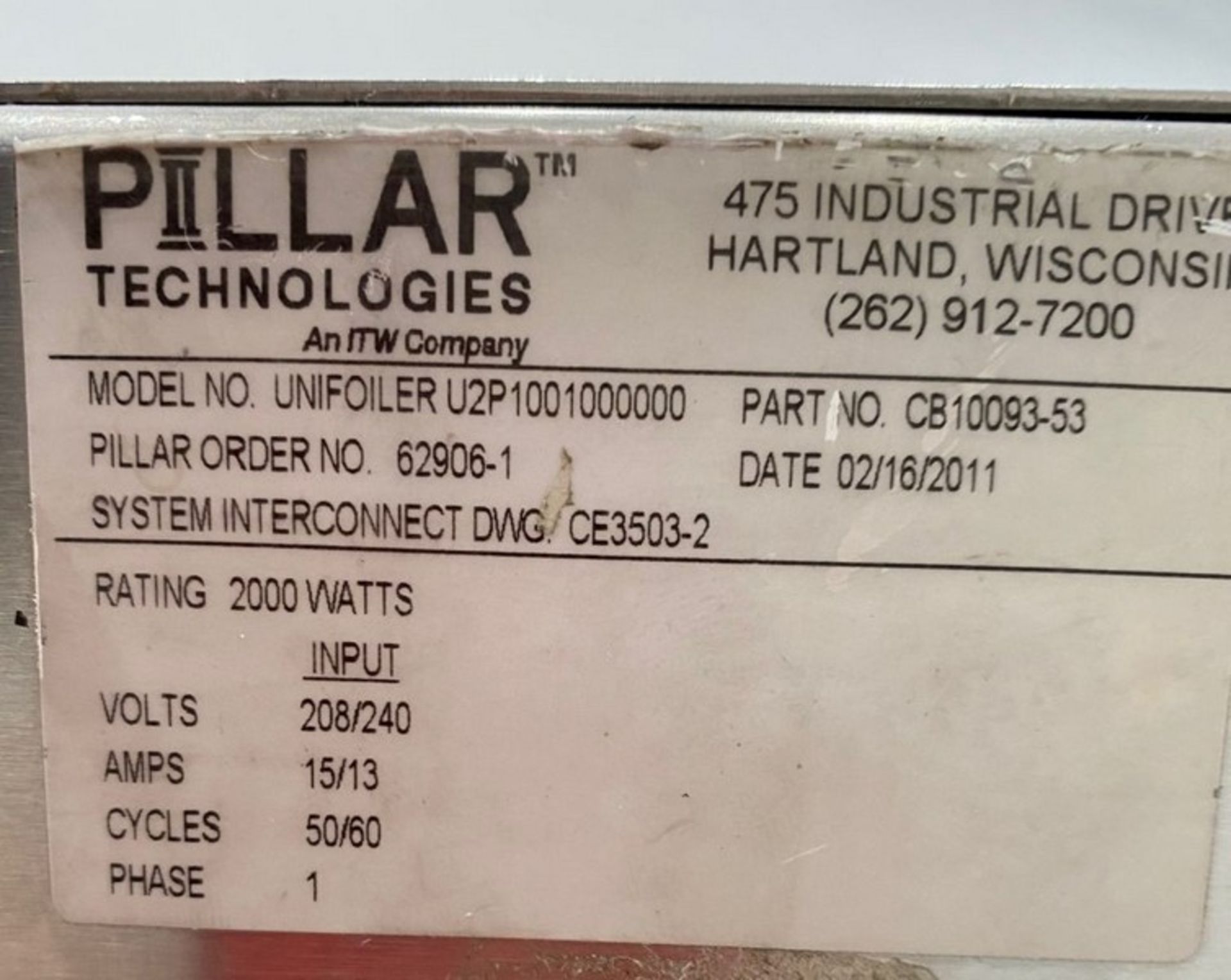 Pillar Unifoiler Induction Sealer, Model: Unifoiler U2P1001000000, Serial: CB10093-53, 208.240 - Image 3 of 4