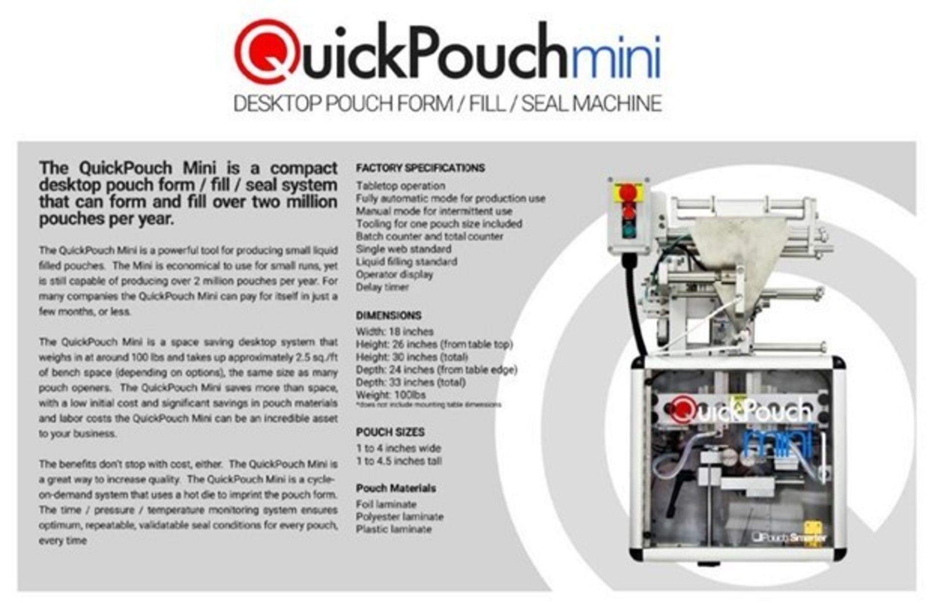 Quickpouch Mini Form, Fill and Seal Machine, Model QuickPouch - Mini, S/N 15071-1190, Desktop - Bild 7 aus 8