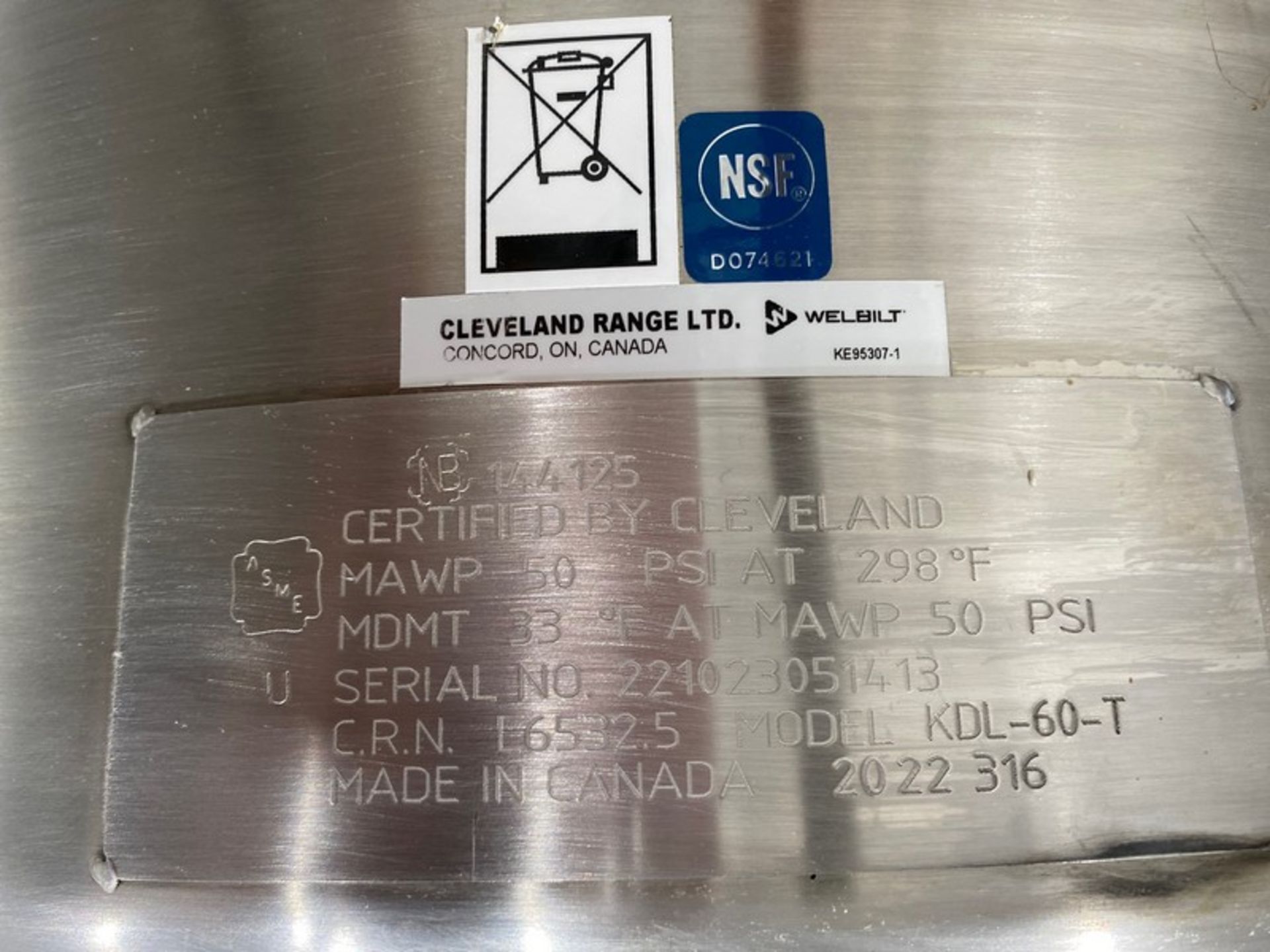 Cleveland 60 Gallon Kettle with Tilt Discharge. Unit was made in 2022. 316 Stainless Steel. MAWP: 50 - Image 2 of 4