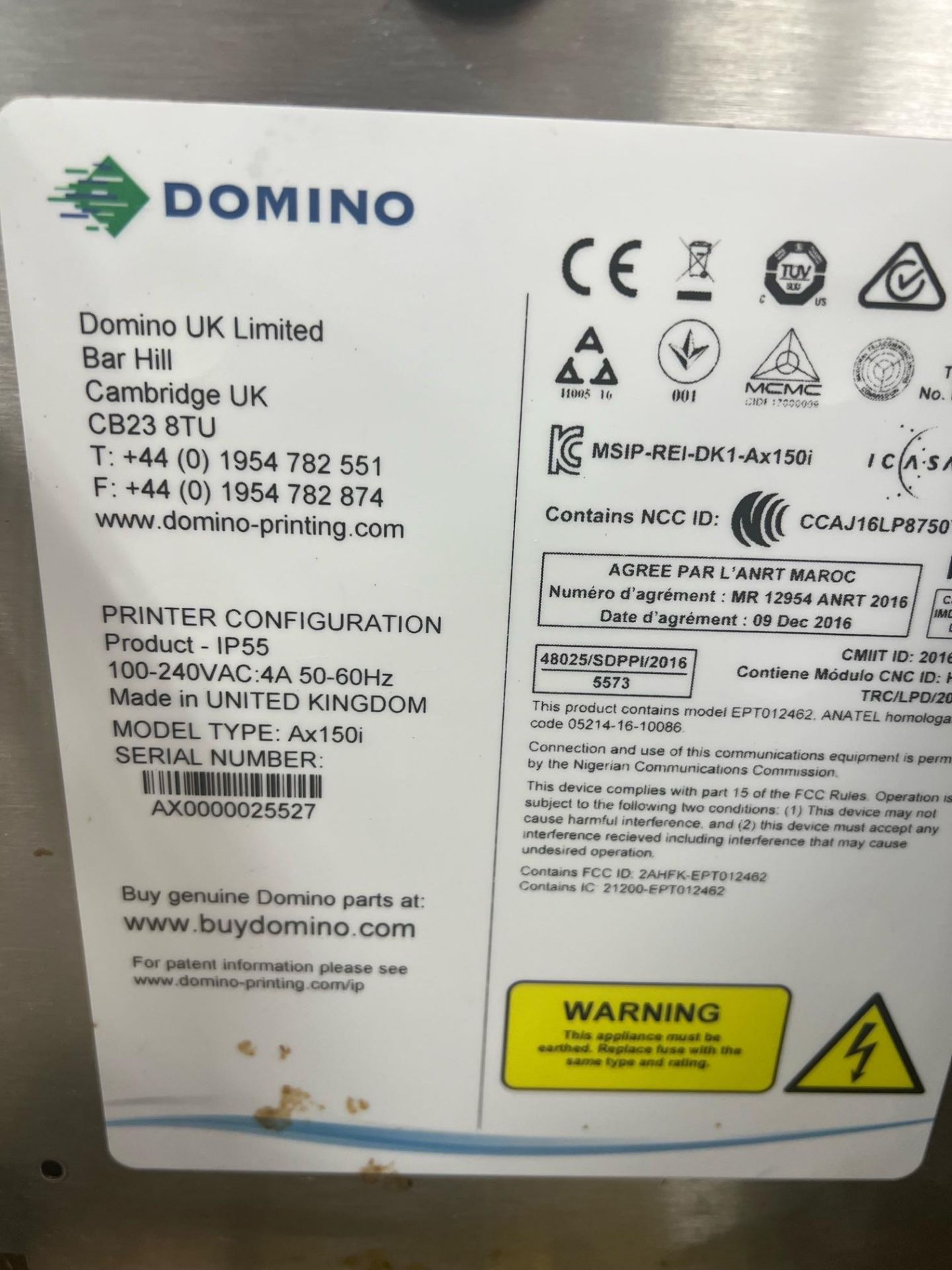 Domino Printer, Model AX150i, S/N AX0000025527, Set-Up for Black Ink Currently, Comes with Stands - Image 3 of 3