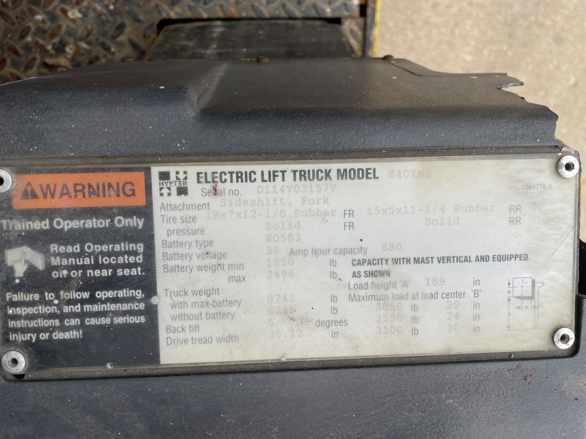 Hyster Electric Lift Truck, Model E40XMS, Serial D114V03157V; 36 V (Loading Fee $200) (Located - Image 6 of 6