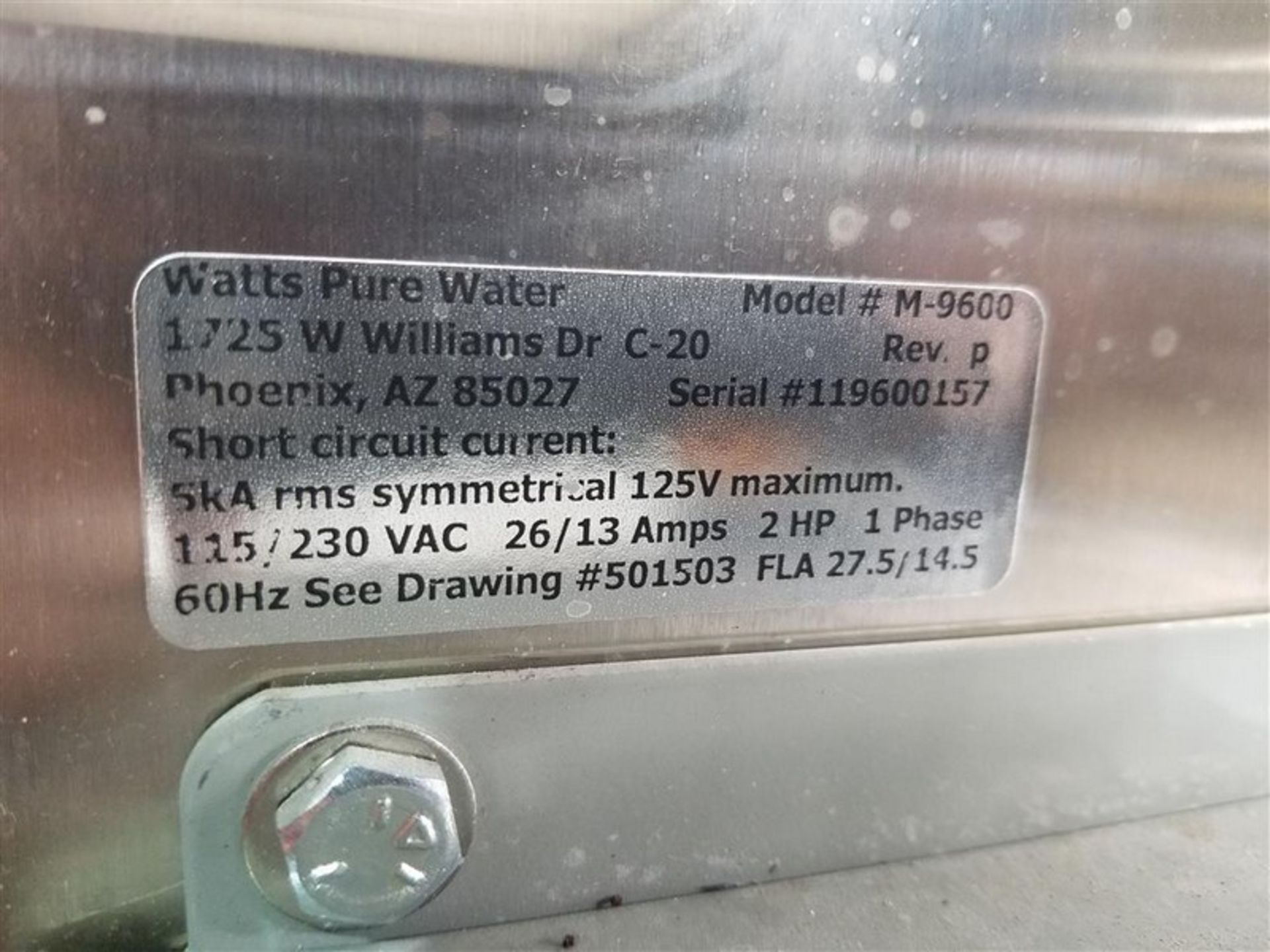 Watts Pure Water Deionizer, Model M-9600, S/N 119600157, Volt 115/230, Single Phase, 2 Hrs., Like - Image 7 of 7