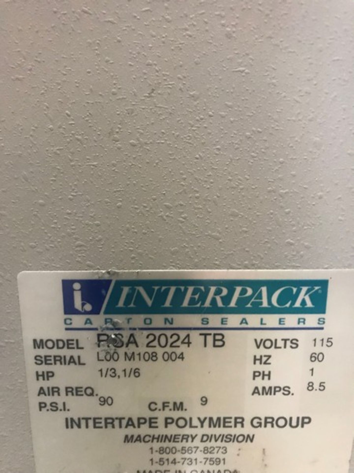 Interpack Carton Sealer, Model RSA2024TB, S/N L00M108-004, HP 1/3 - 1/6; Volt 115, Single Phase, - Image 3 of 3