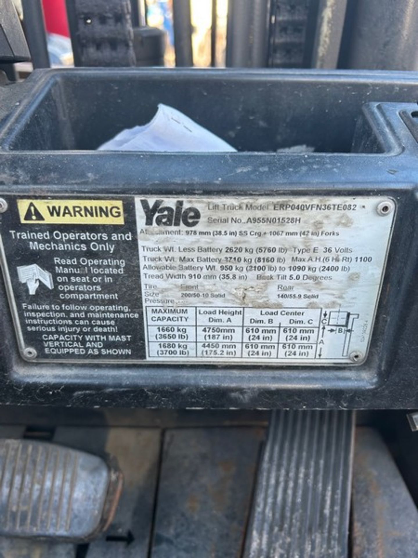 2010 Yale 4,000 lb. Electric Forklift, Model ERP040VFN3TE082, S/N A955N01528H, Volt - Image 10 of 10