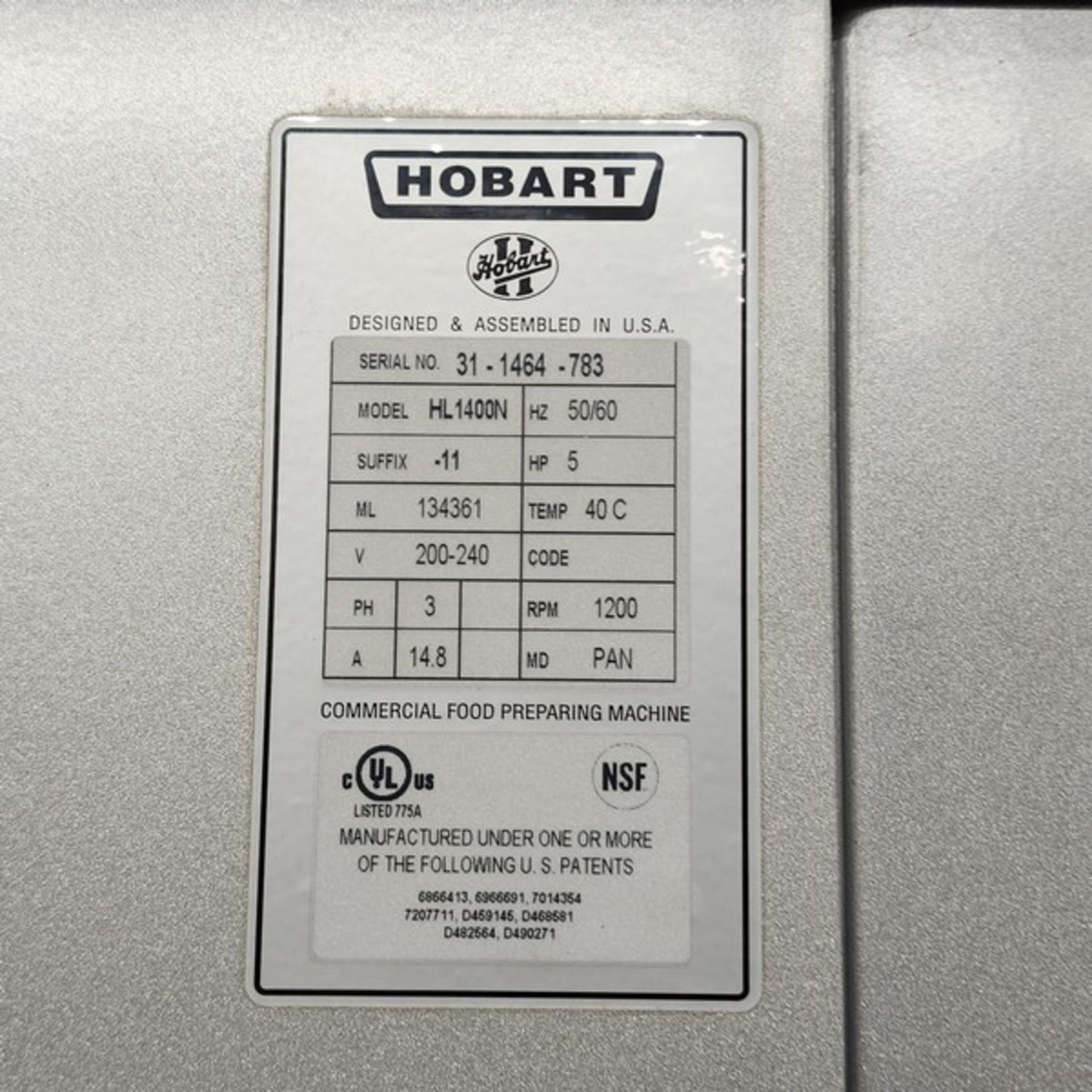 Hobart Mixer Model Legacy HL 1400N Serial Number 31-1464-783 with Bowl 140 pint. Flat aluminium - Bild 5 aus 5