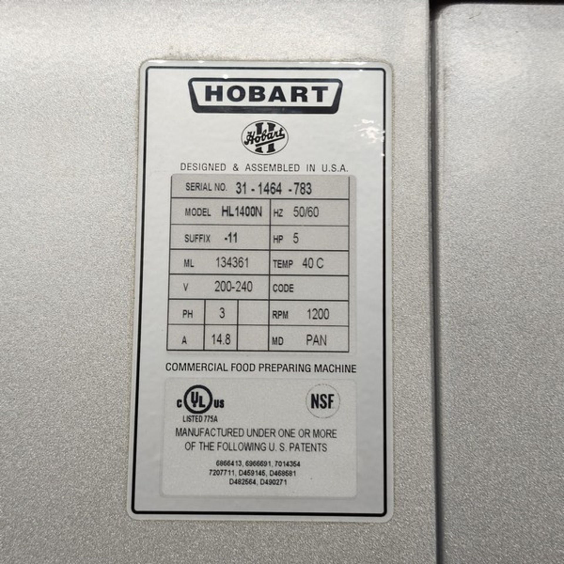 Hobart Mixer Model Legacy HL 1400N Serial Number 31-1464-783 with Bowl 140 pint. Flat aluminium - Image 5 of 5