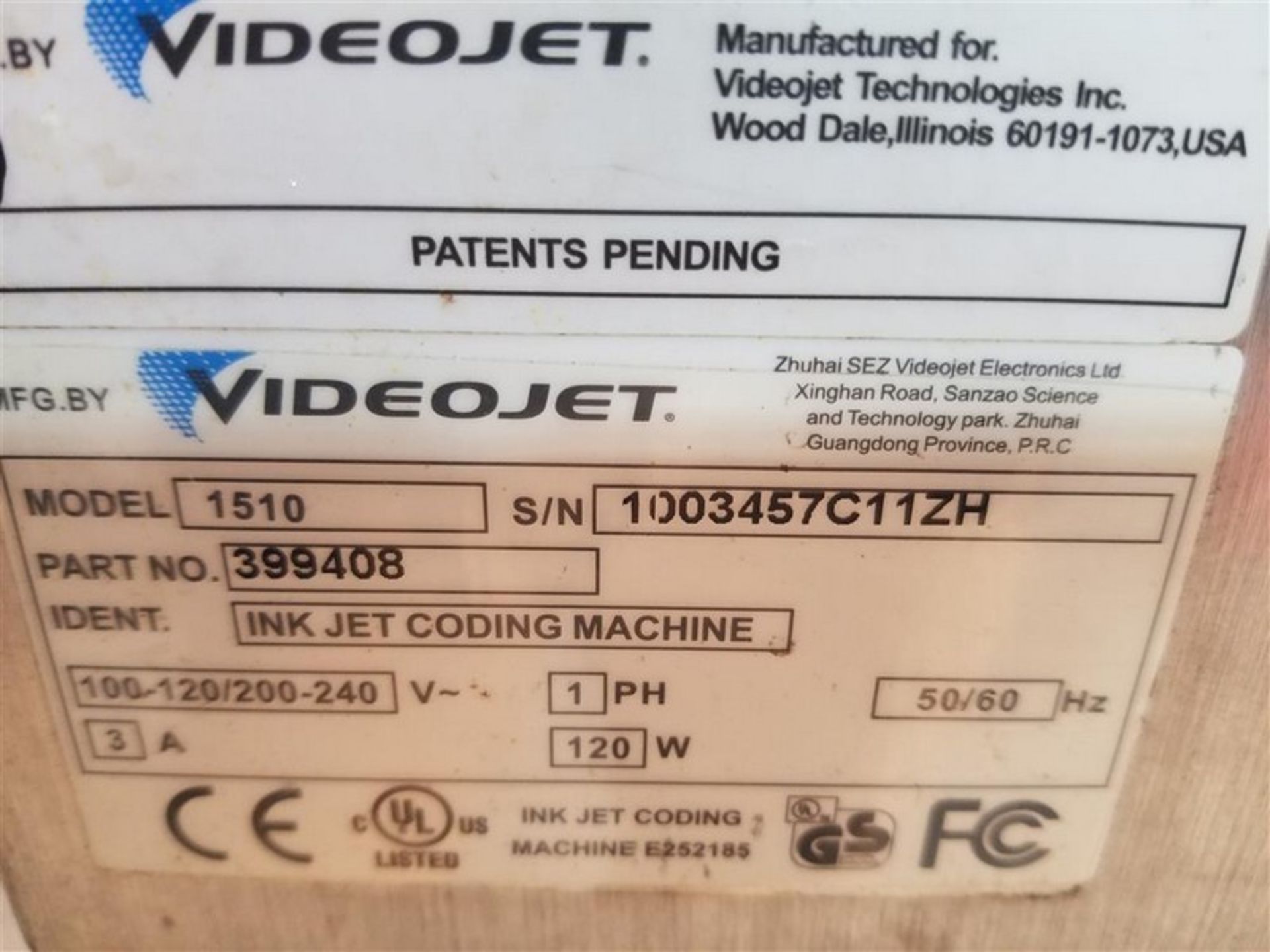 VideoJet Ink Jet Coding Machine, Model 1510, S/N 1003457C11ZH, Volt 100 - 120/200-250, Single - Image 10 of 10