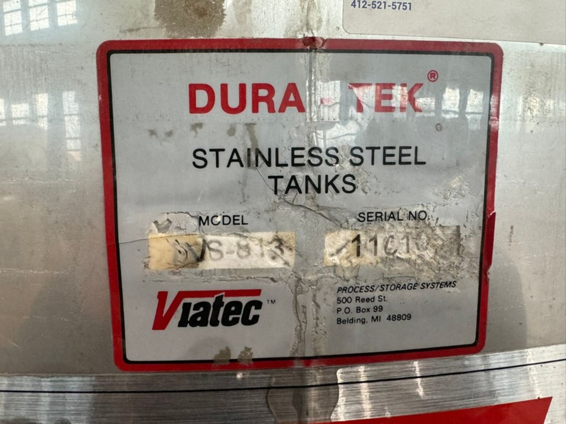 Viatec Dura-Tek Aprox. 500 Gal. S/S Single Wall Tank, M/N VS-813, S/N 11010, Vessel Dims.: Aprox. - Image 3 of 14