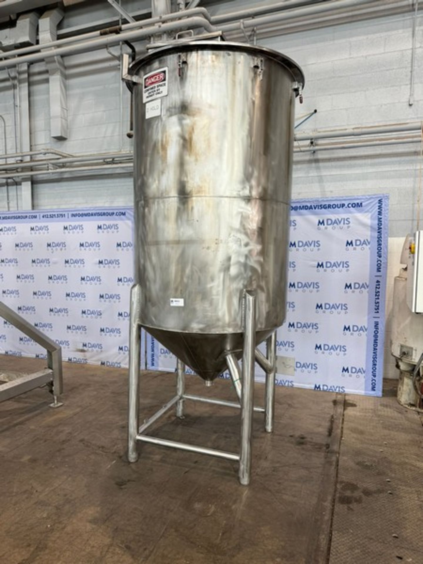 Aprox. 500 Gal. S/S Single Wall Tank, Vessel Dims.: Aprox. 70" Tall x 48" Dia., with Cone Bottom,