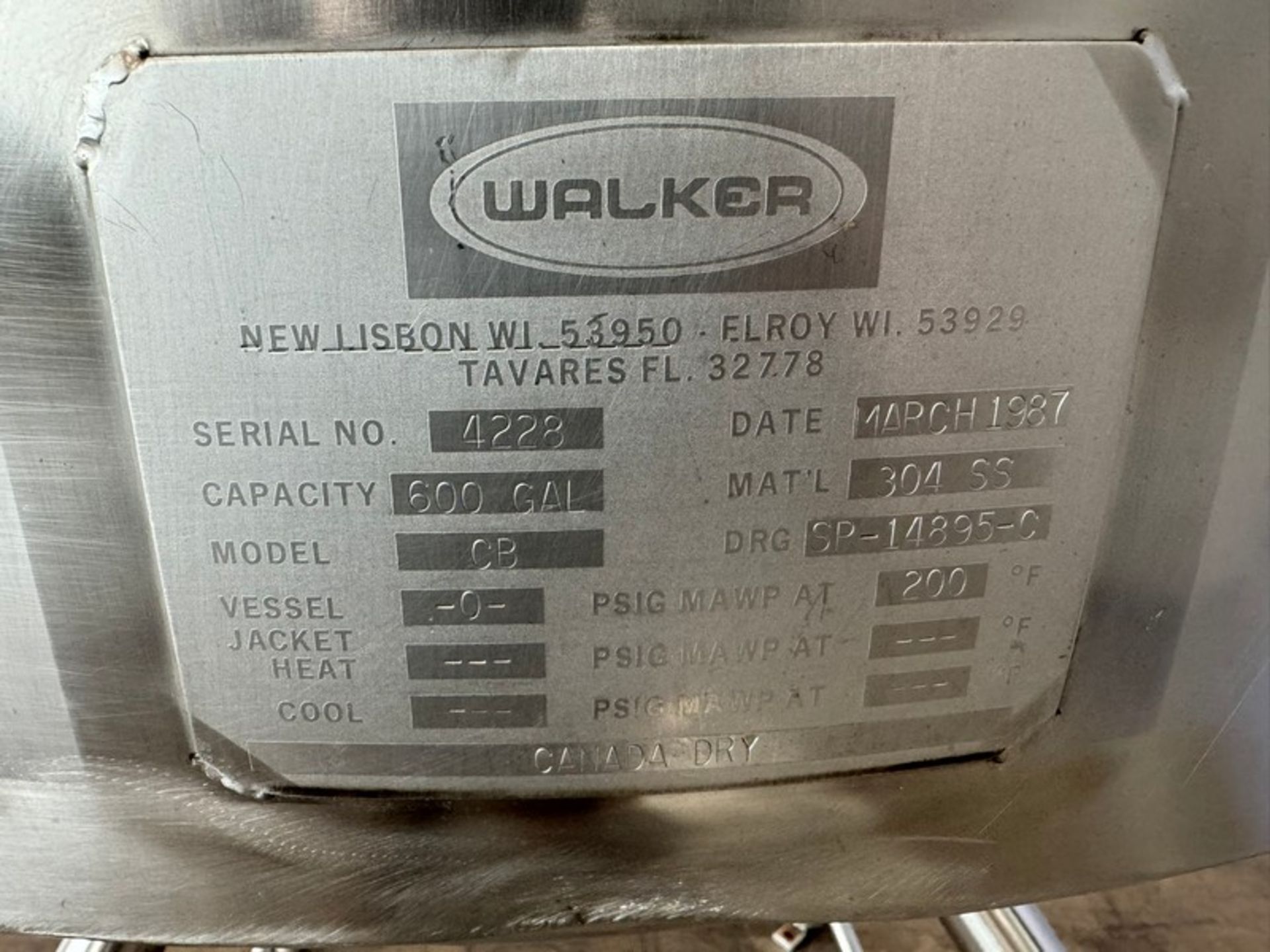 Walker 600 Gal. S/S Single Wall Tank, M/N CB, S/N 4228, 304 SS, with Cone Bottom, with Aprox. 3" - Image 3 of 12