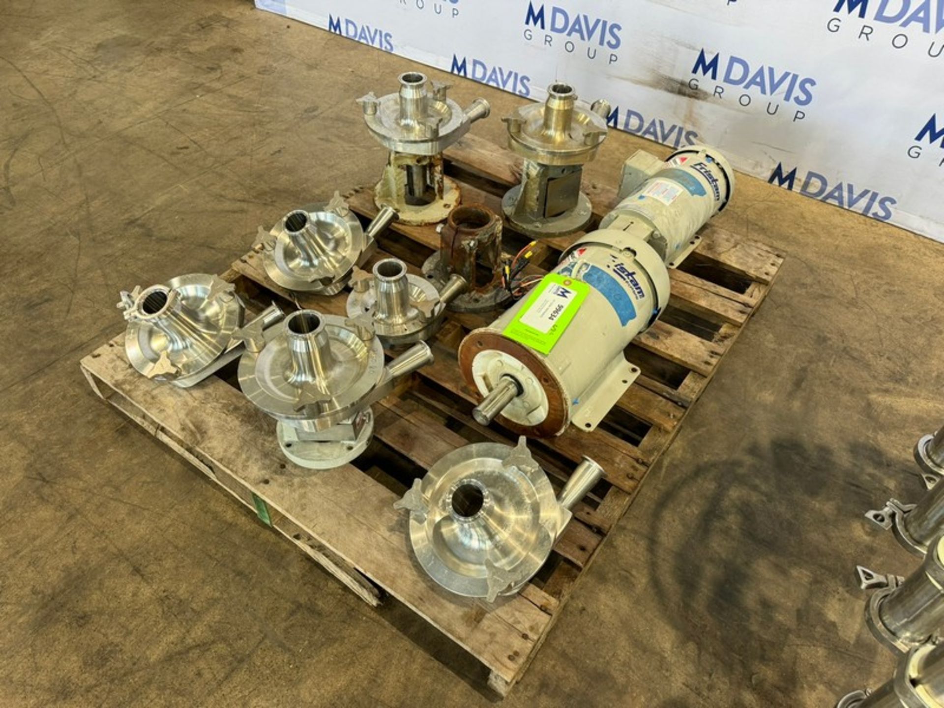 Pallet of Fristam S/S Pump Heads, Includes (2) Baldor 7.5 hp Motors, S/S Head Ranging from Aprox. 2"