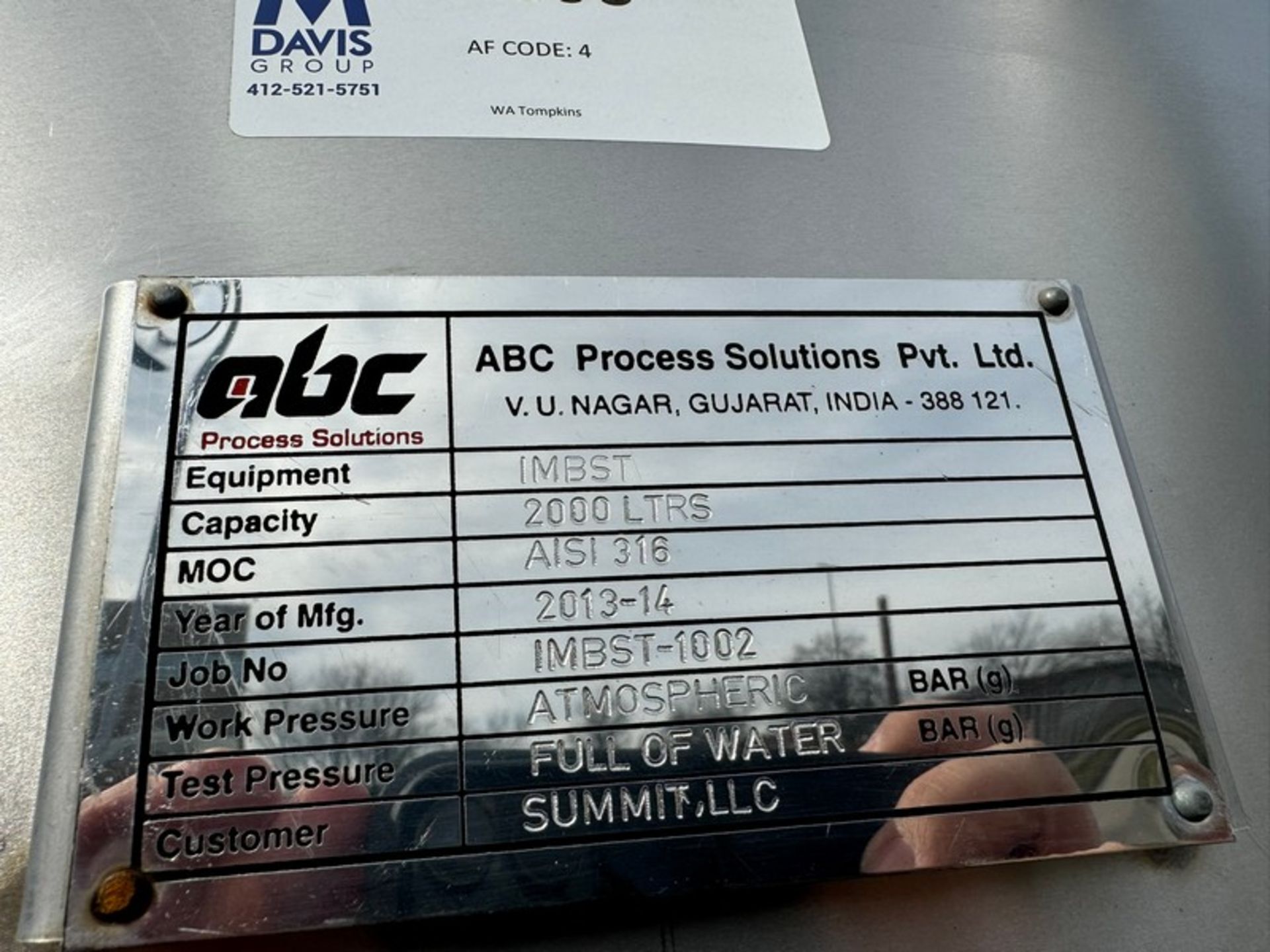2013-2014 ABC Process Solutions 2,000 LTRS S/S Vertical Butter Tank II, MOC AISI 316, Job No. - Image 9 of 9