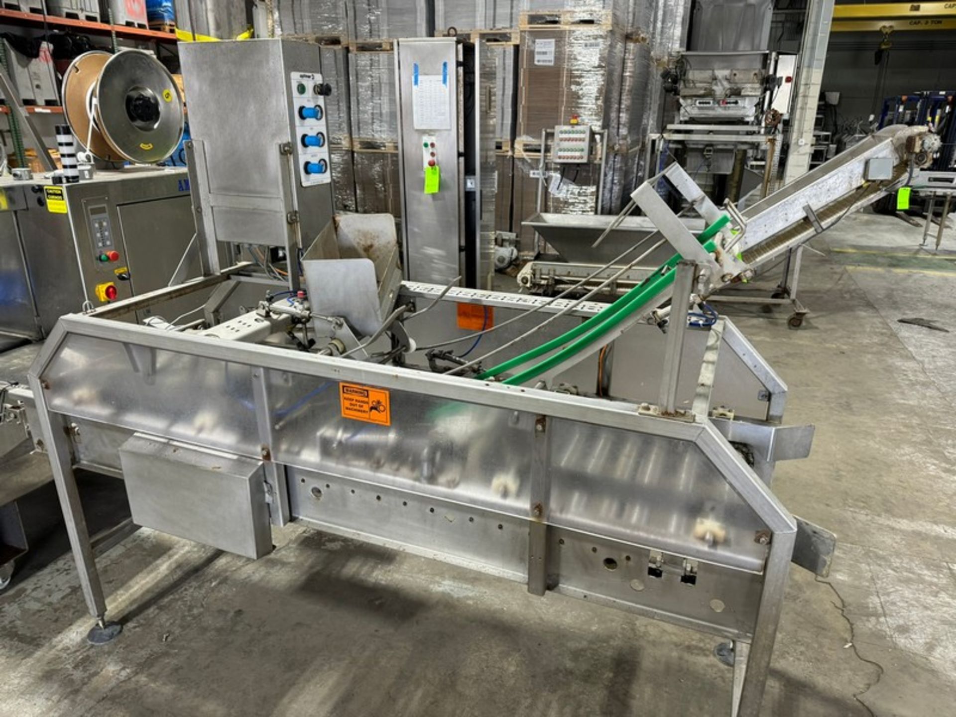 Optimar Lid Applicator Conveyor 2002, with Aprox. 16" W Rolls, with Motor, Mounted on S/S Frame ( - Image 4 of 5