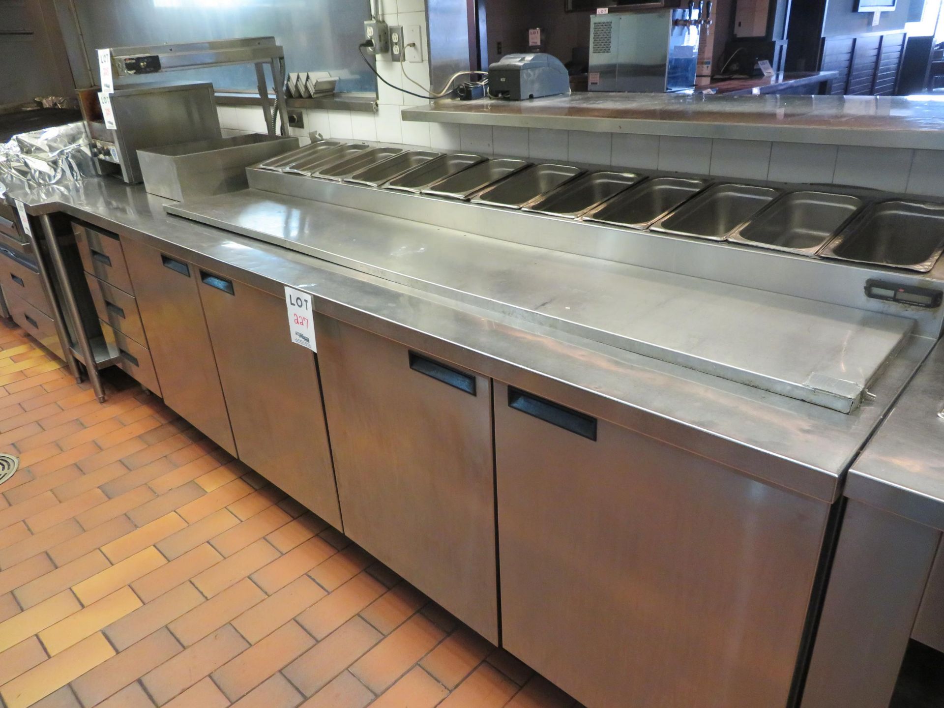 4 door stainless steel refrigerated prepartation table with drawers approx. 114"w x 36"d x 36"h