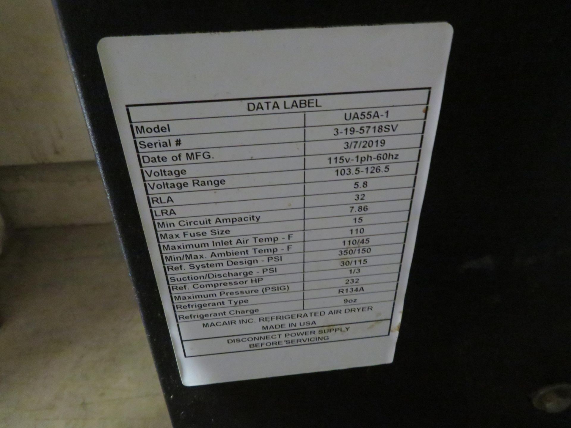 MACAIR refrigerated air dryer, Mod# UA55A-1, 115 Volts, 1 PH, 60 HZ - Image 2 of 3