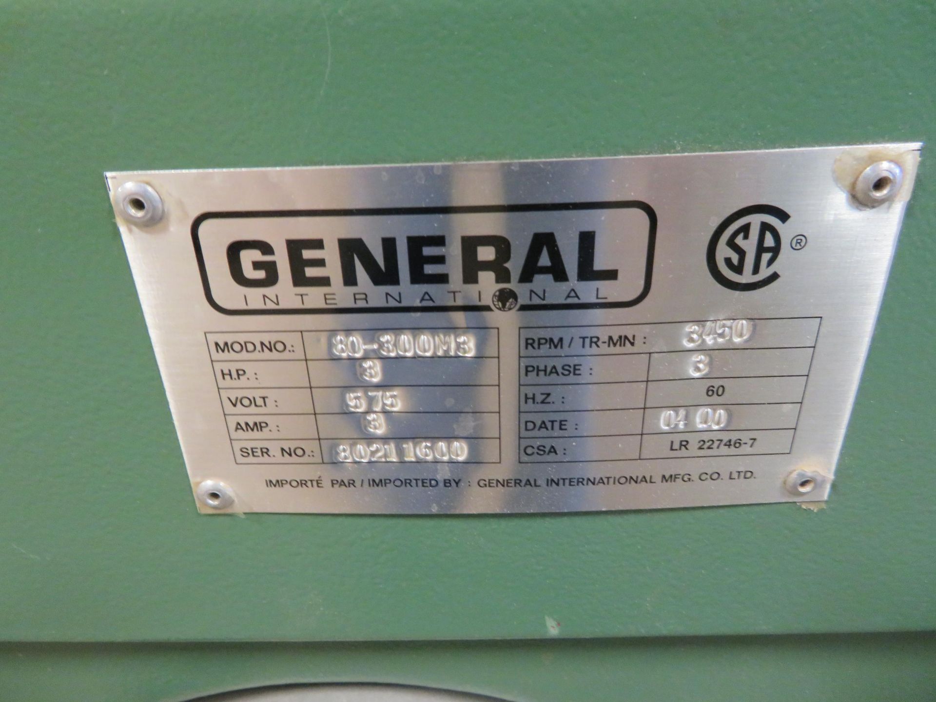 GENERAL 12" jointer, Mod# 80-300M3, 575 Volts, 3 PH, 60 HZ - Image 3 of 4