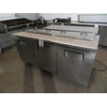 TRUE 3 door refrigerated preparation table on wheels, Mod # TSSU-72-18-HC, approx. 72"w x 30"d x