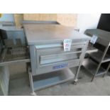 ZESTO gas conveyor (approx. 19"w x 58") pizza oven, Mod # CG 3018 with table on wheels (approx. 58"w