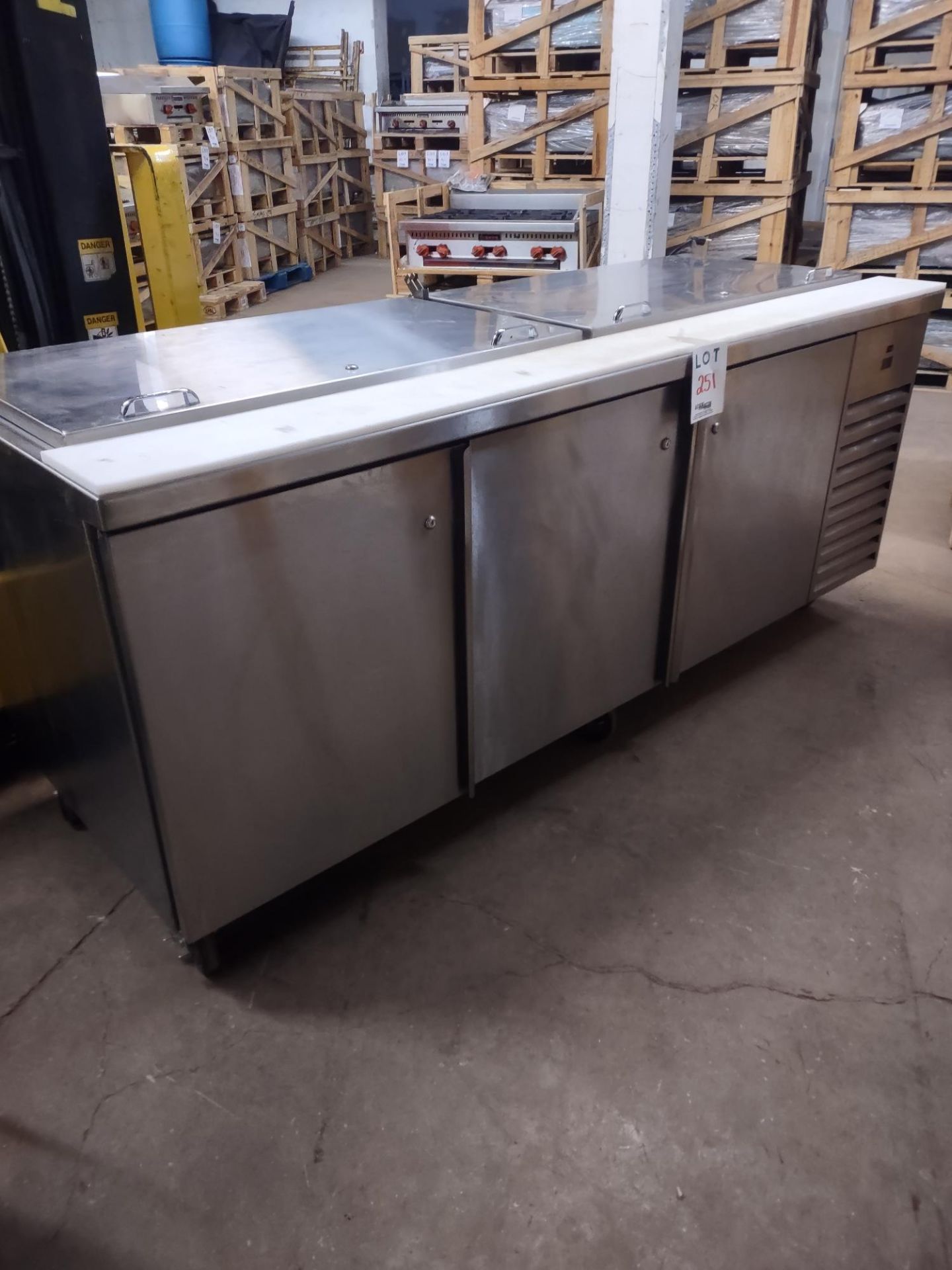 3 door refrigerated preparation table on wheels approx. 85"w x 32"d x 36"h